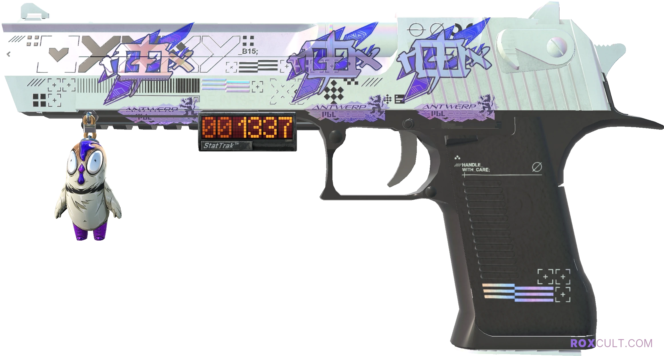 StatTrak™ Desert Eagle | Printstream (Factory New) — rox (Holo) Antwerp 2022 craft, playside view with 3 rox (Holo) stickers