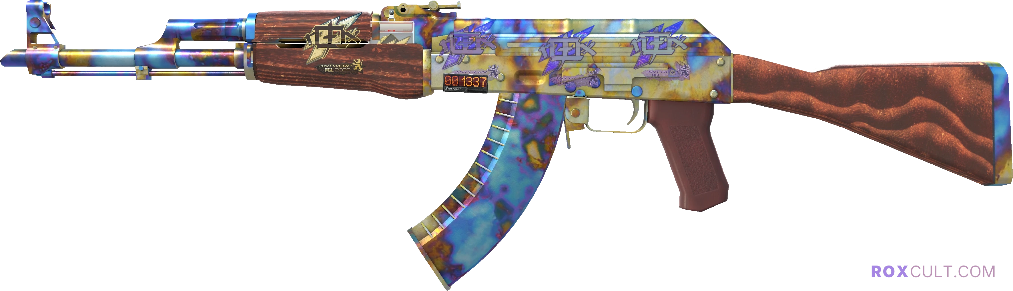 StatTrak™ AK-47 | Case Hardened (Factory New) — rox (Holo) Antwerp 2022 craft, playside view with 3 rox (Holo) stickers