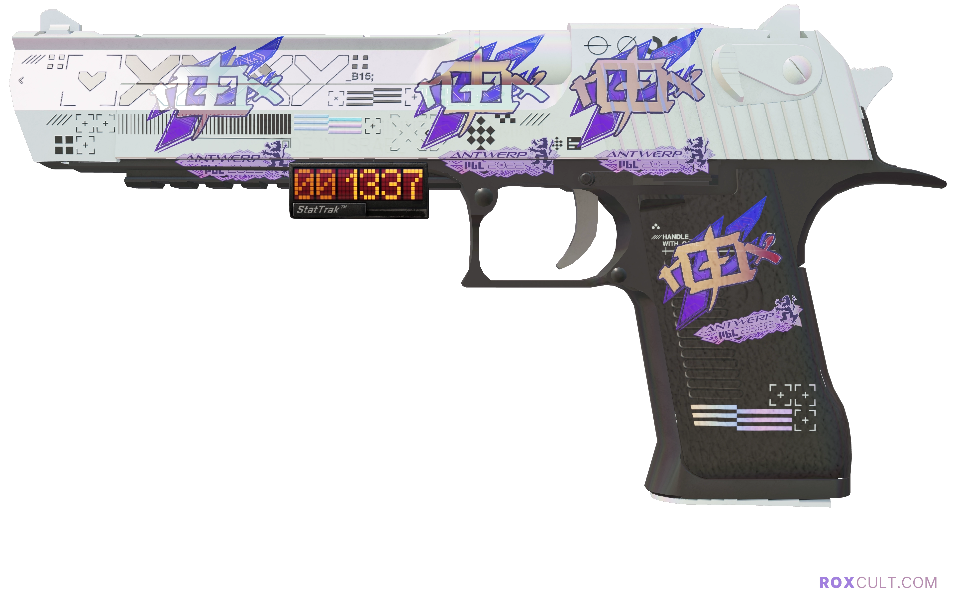 StatTrak™ Desert Eagle | Printstream (Factory New) — rox (Holo) Antwerp 2022 craft, playside view with 4 rox (Holo) stickers