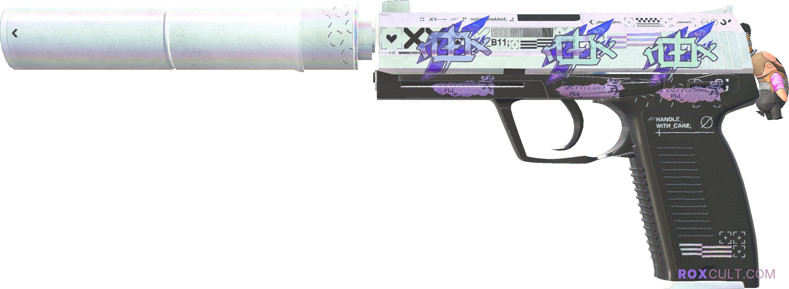 USP-S | Printstream (Field-Tested) — rox (Holo) Antwerp 2022 craft, playside view with 3 rox (Holo) stickers
