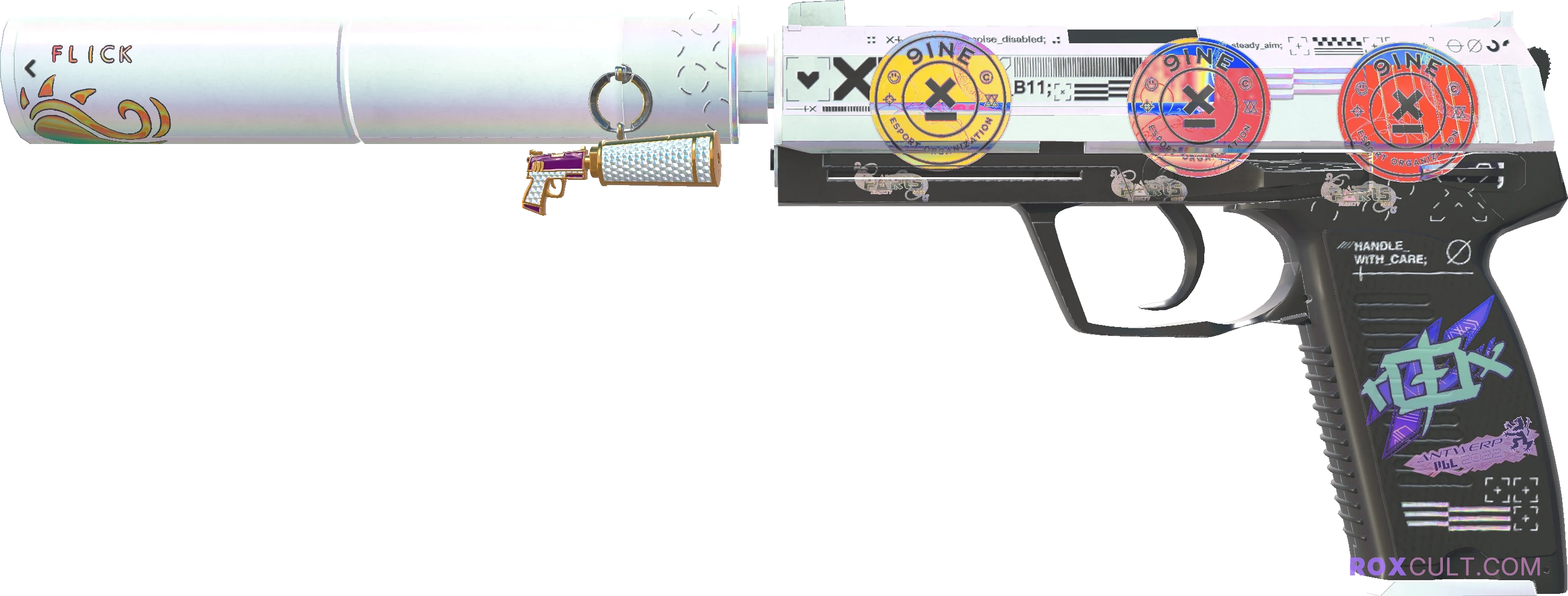 USP-S | Printstream (Factory New) — rox (Holo) Antwerp 2022 craft, playside view with 1 rox (Holo) sticker