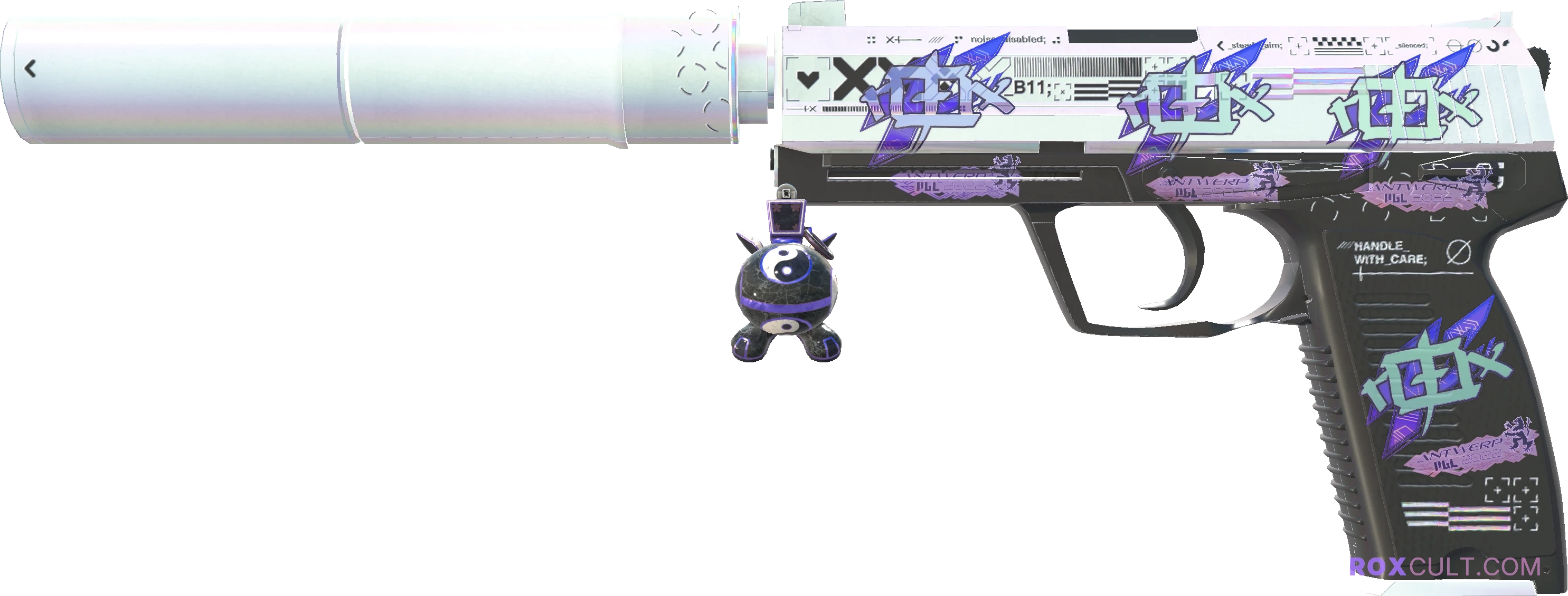 USP-S | Printstream (Factory New) — rox (Holo) Antwerp 2022 craft, playside view with 4 rox (Holo) stickers