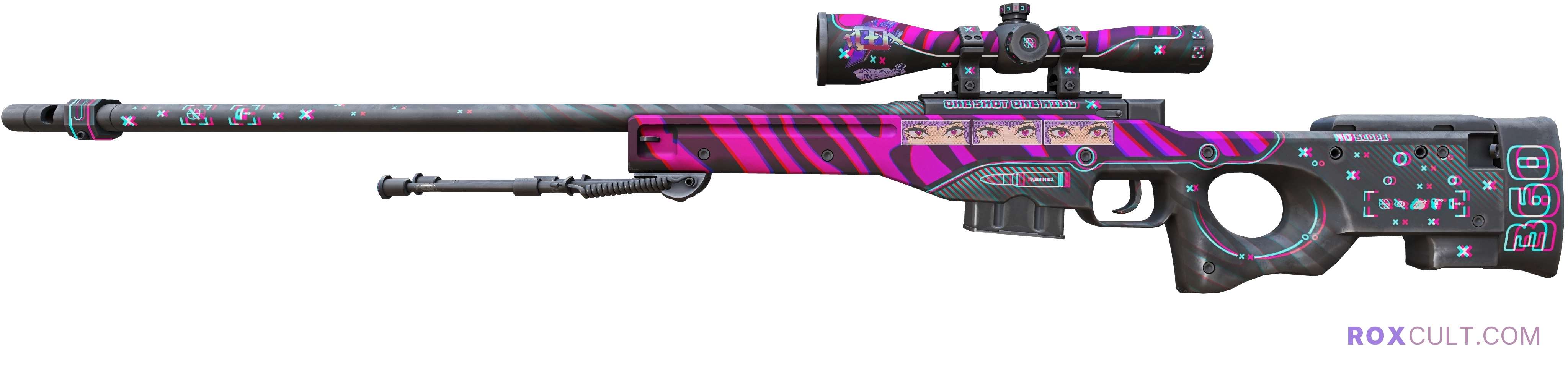 AWP | Chromatic Aberration (Factory New) — rox (Holo) Antwerp 2022 craft, playside view with 1 rox (Holo) sticker