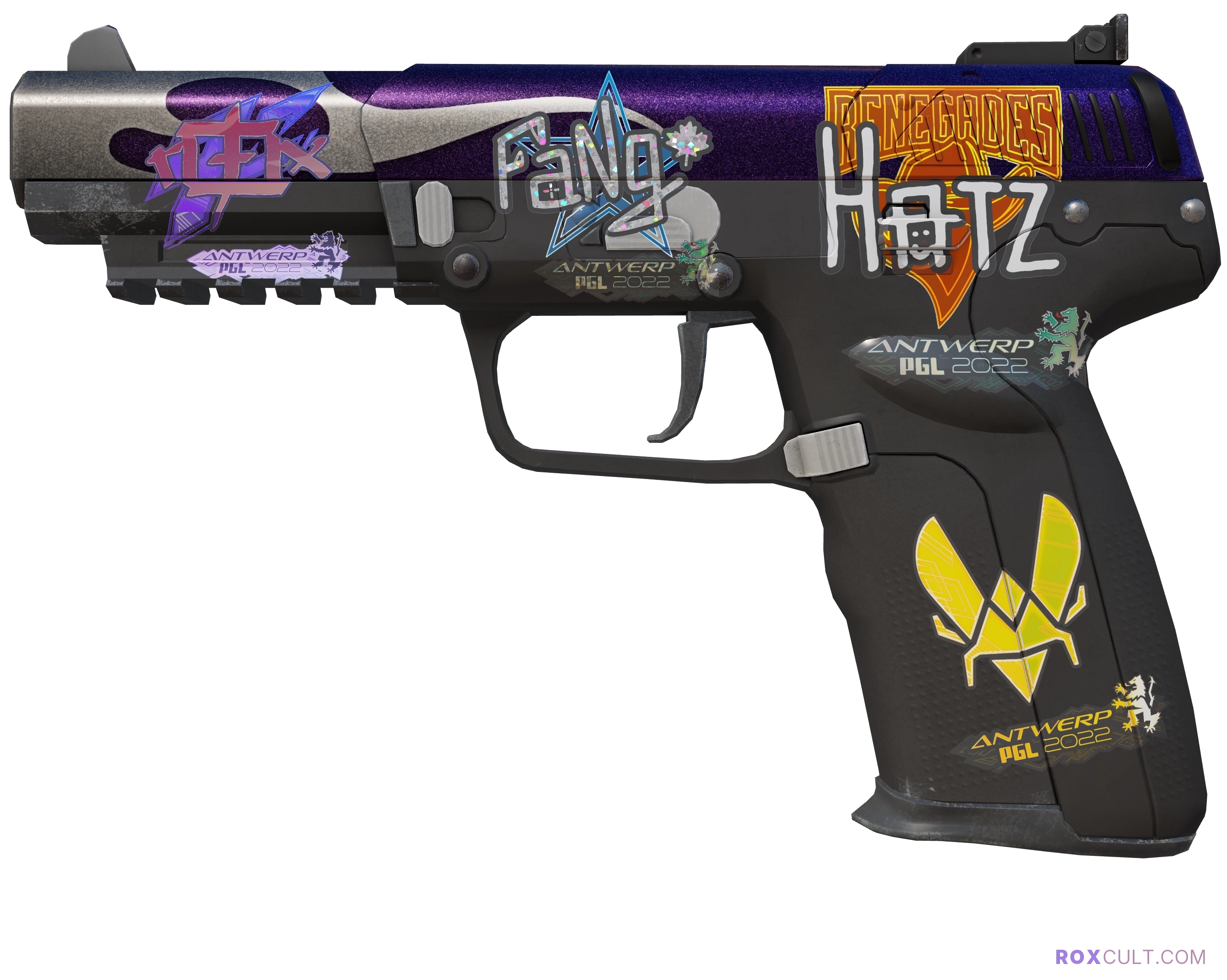 Five-SeveN | Flame Test (Minimal Wear) — rox (Holo) Antwerp 2022 craft, playside view with 1 rox (Holo) sticker