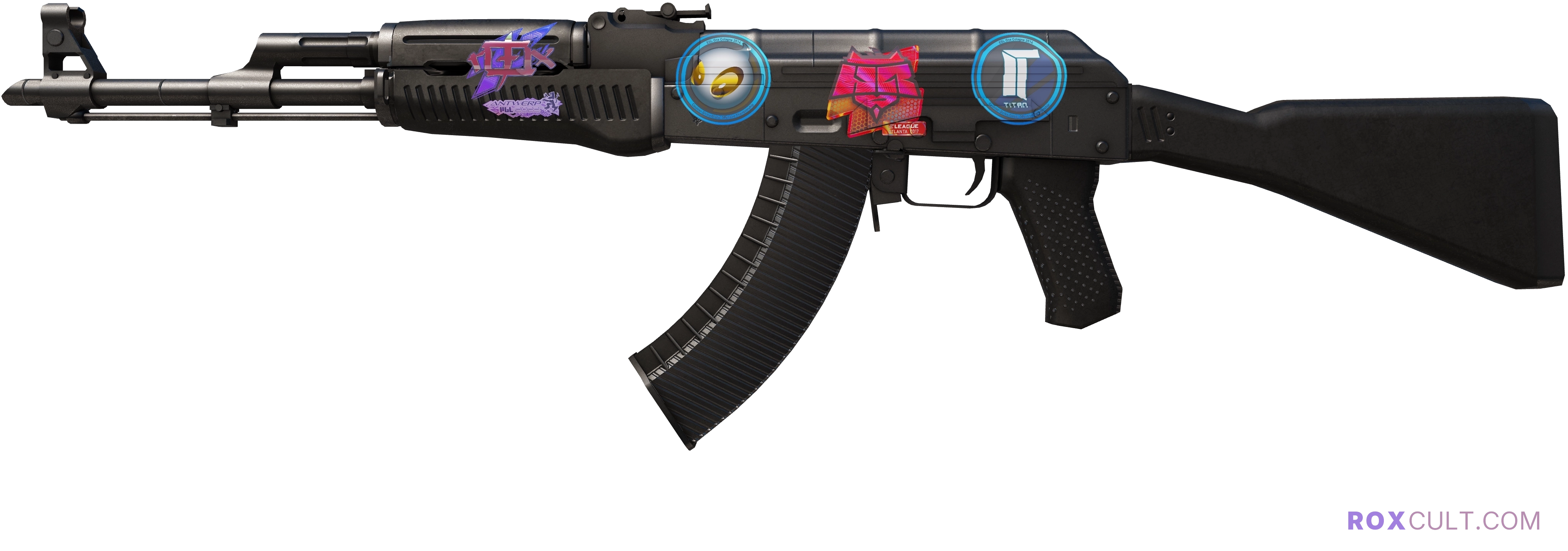 AK-47 | Slate (Factory New) — rox (Holo) Antwerp 2022 craft, playside view with 1 rox (Holo) sticker
