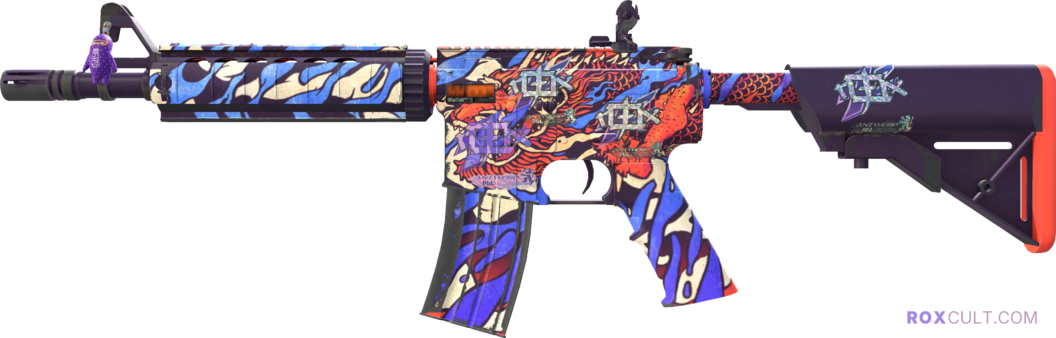 StatTrak™ M4A4 | 龍王 (Dragon King) (Factory New) — rox (Holo) Antwerp 2022 craft, playside view with 1 rox (Holo) sticker