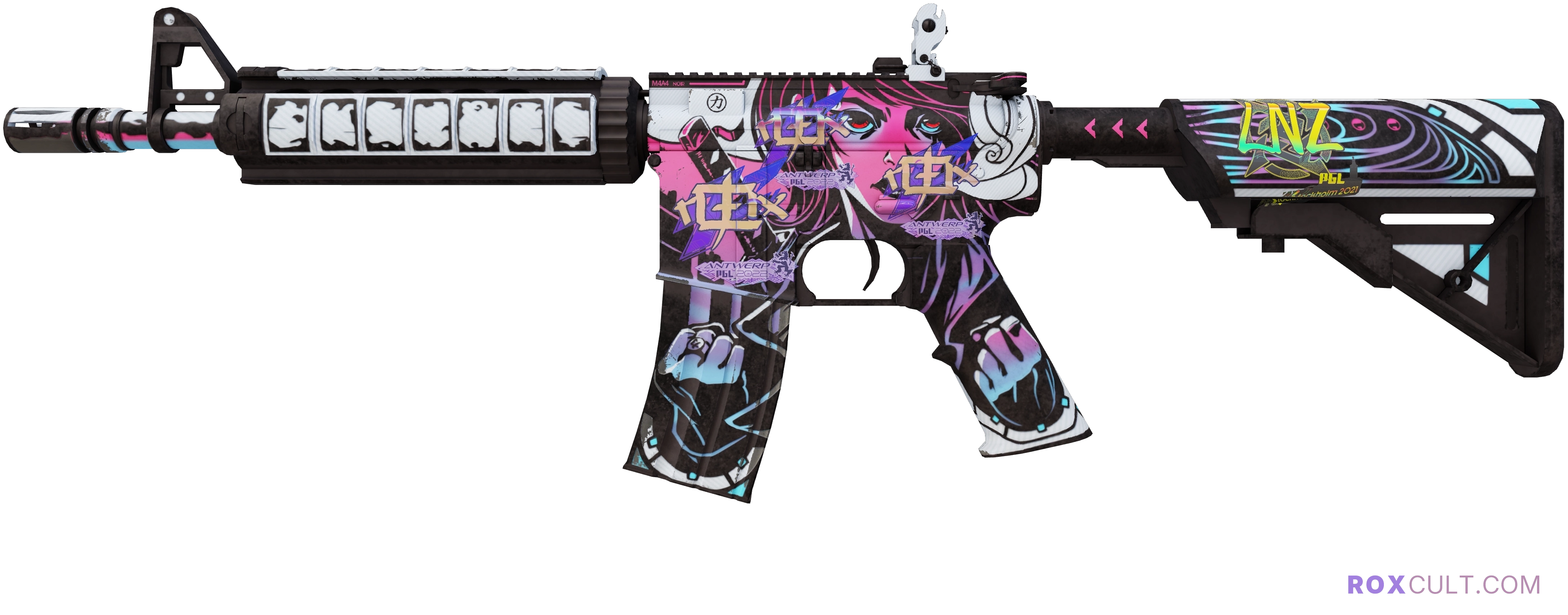 M4A4 | Neo-Noir (Factory New) — rox (Holo) Antwerp 2022 craft, playside view with 3 rox (Holo) stickers