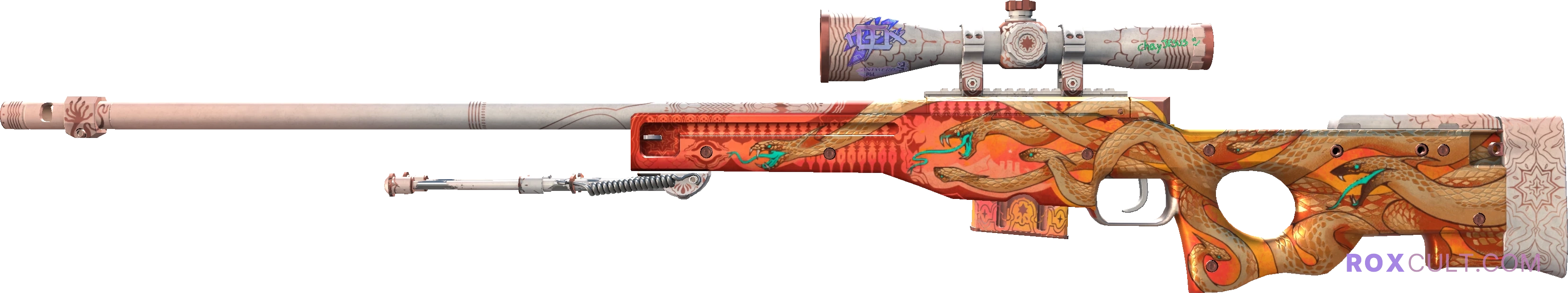 AWP | Desert Hydra (Field-Tested) — rox (Holo) Antwerp 2022 craft, playside view with 1 rox (Holo) sticker