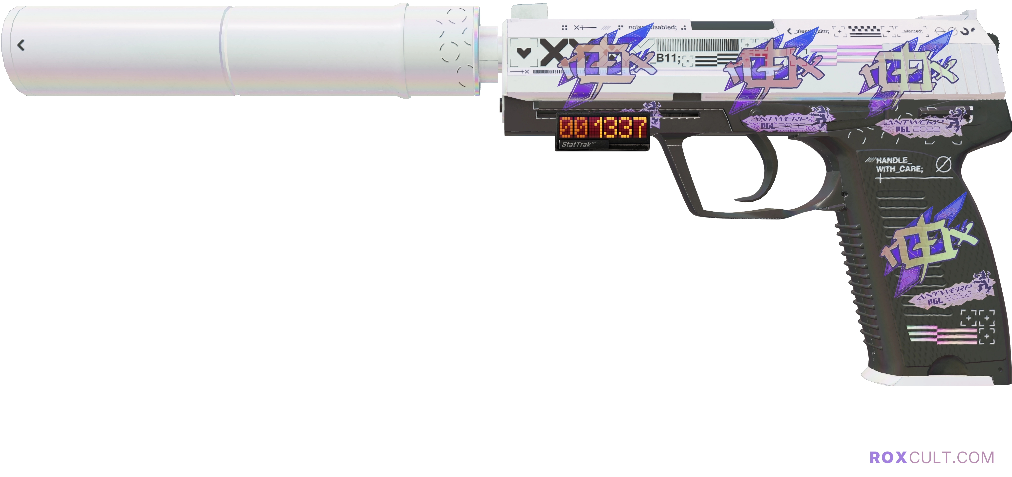 StatTrak™ USP-S | Printstream (Factory New) — rox (Holo) Antwerp 2022 craft, playside view with 4 rox (Holo) stickers
