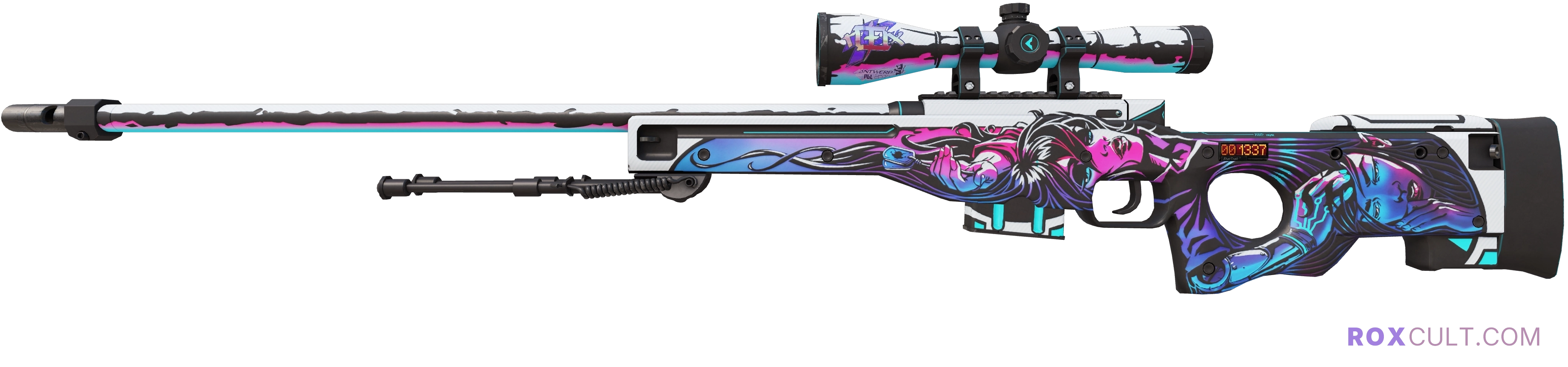 StatTrak™ AWP | Neo-Noir (Factory New) — rox (Holo) Antwerp 2022 craft, playside view with 1 rox (Holo) sticker