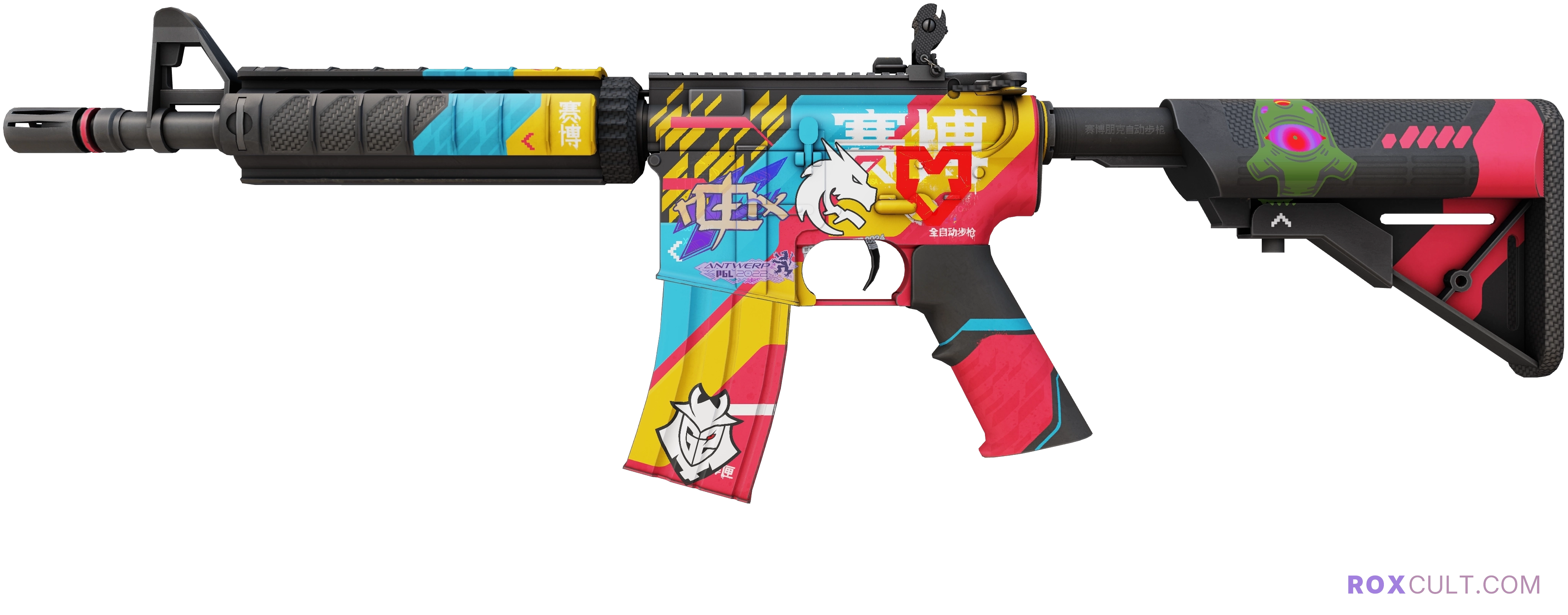 M4A4 | Cyber Security (Factory New) — rox (Holo) Antwerp 2022 craft, playside view with 1 rox (Holo) sticker