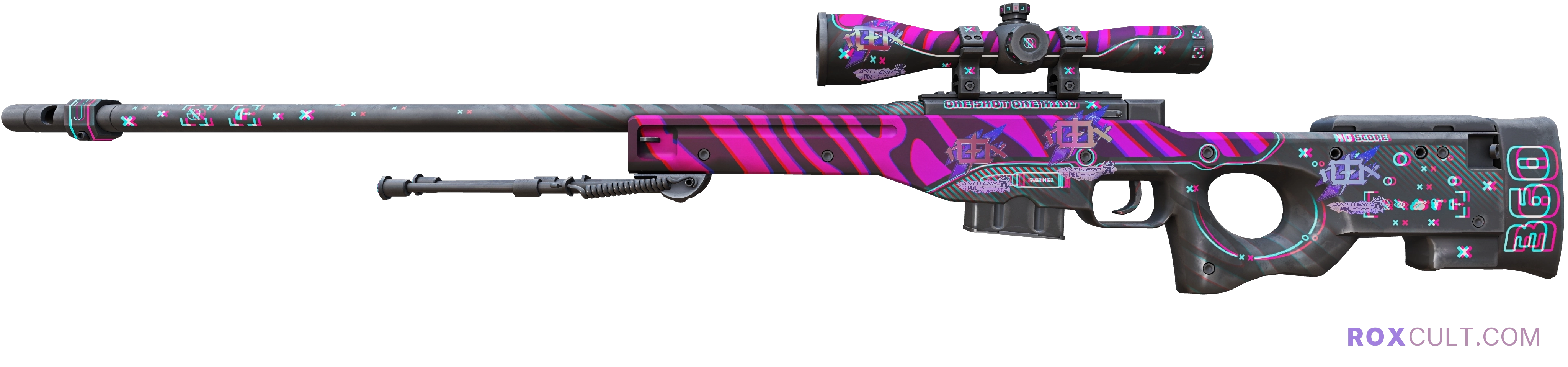 AWP | Chromatic Aberration (Factory New) — rox (Holo) Antwerp 2022 craft, playside view with 4 rox (Holo) stickers