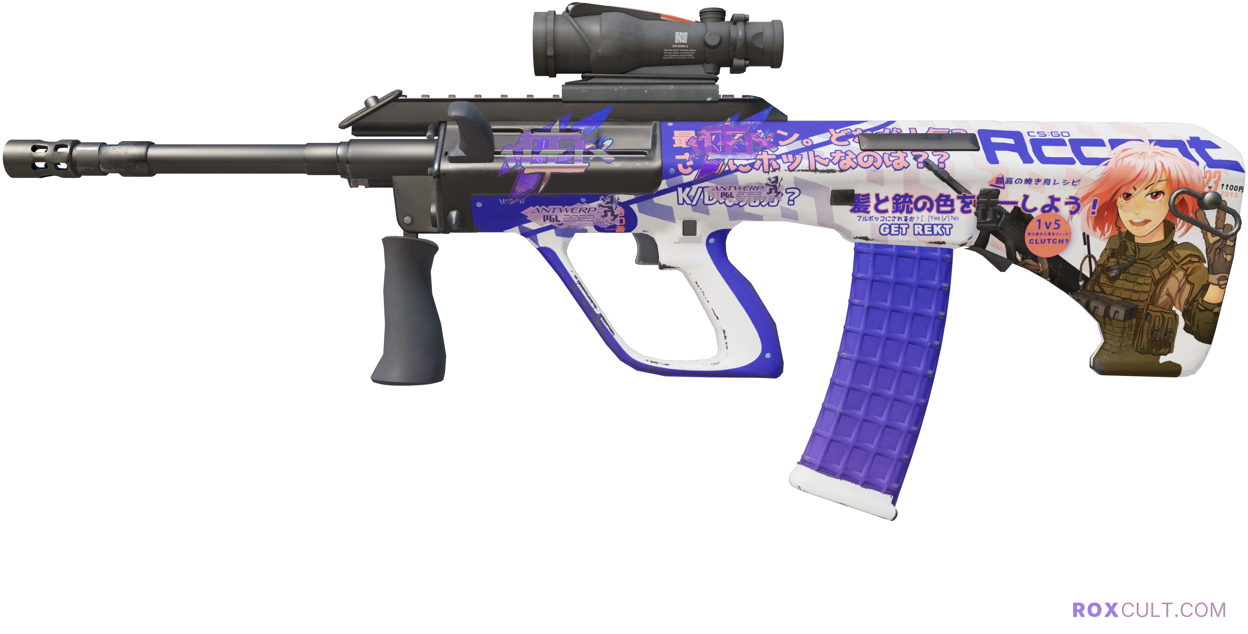 AUG | Akihabara Accept (Minimal Wear) — rox (Holo) Antwerp 2022 craft, playside view with 2 rox (Holo) stickers