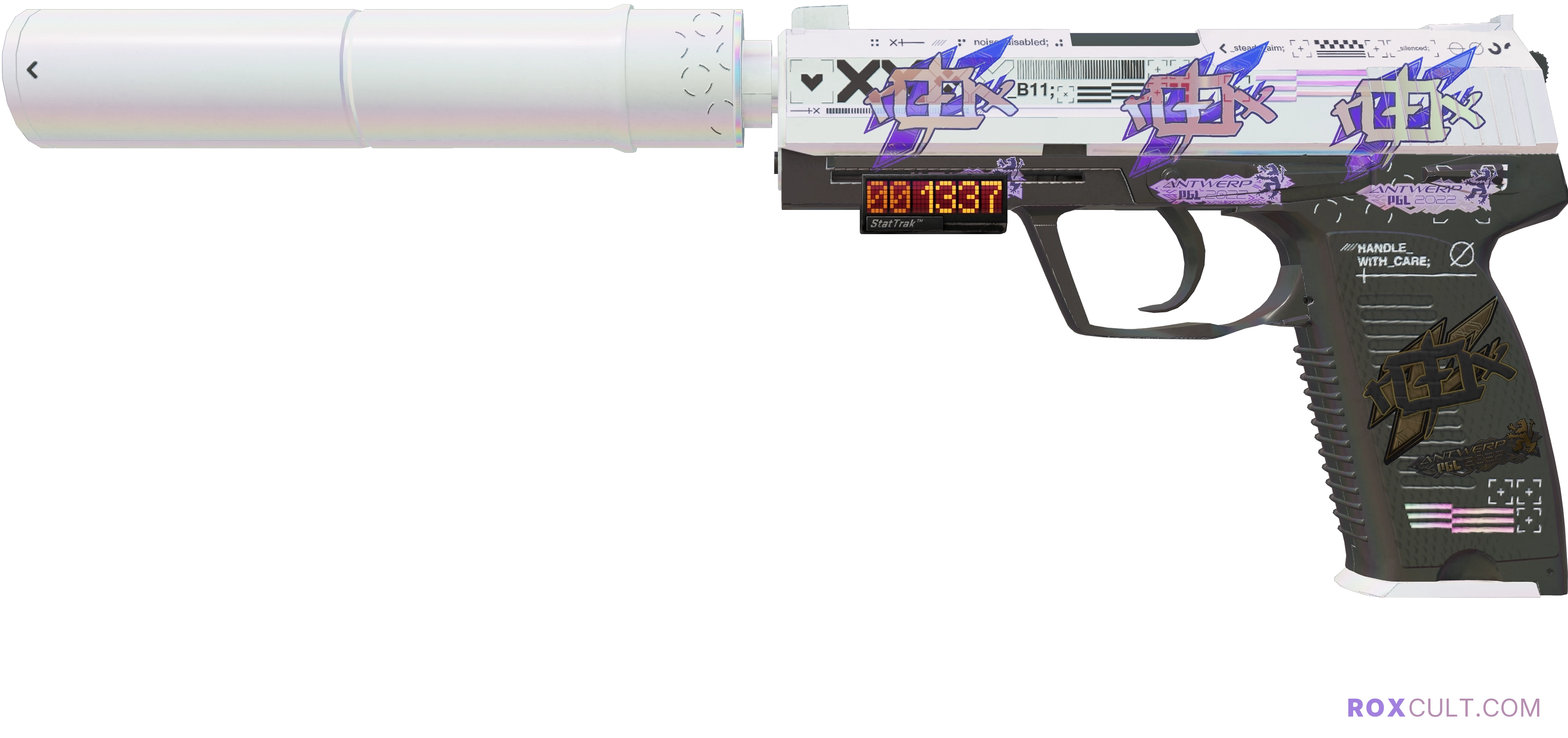 StatTrak™ USP-S | Printstream (Factory New) — rox (Holo) Antwerp 2022 craft, playside view with 3 rox (Holo) stickers