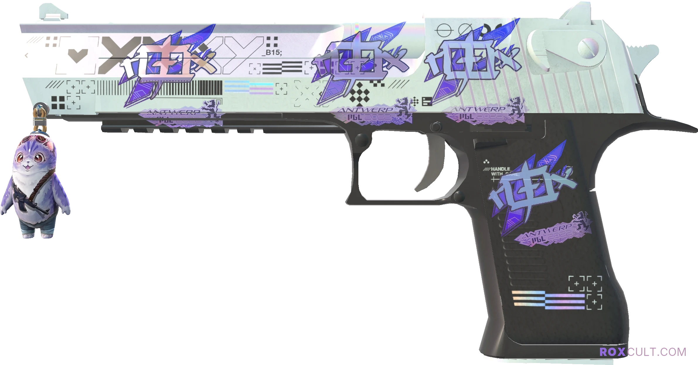 Desert Eagle | Printstream (Factory New) — rox (Holo) Antwerp 2022 craft, playside view with 4 rox (Holo) stickers