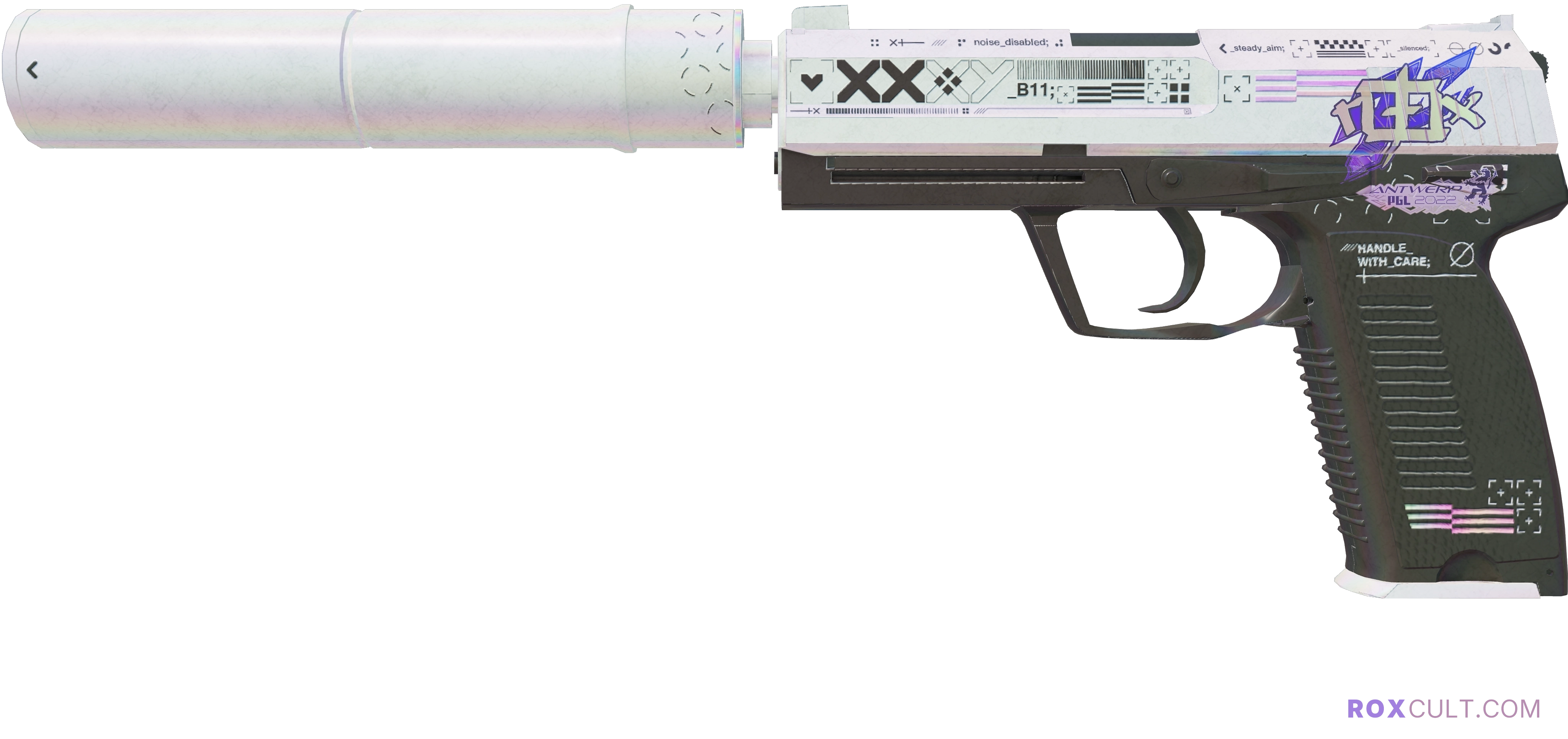 USP-S | Printstream (Field-Tested) — rox (Holo) Antwerp 2022 craft, playside view with 1 rox (Holo) sticker