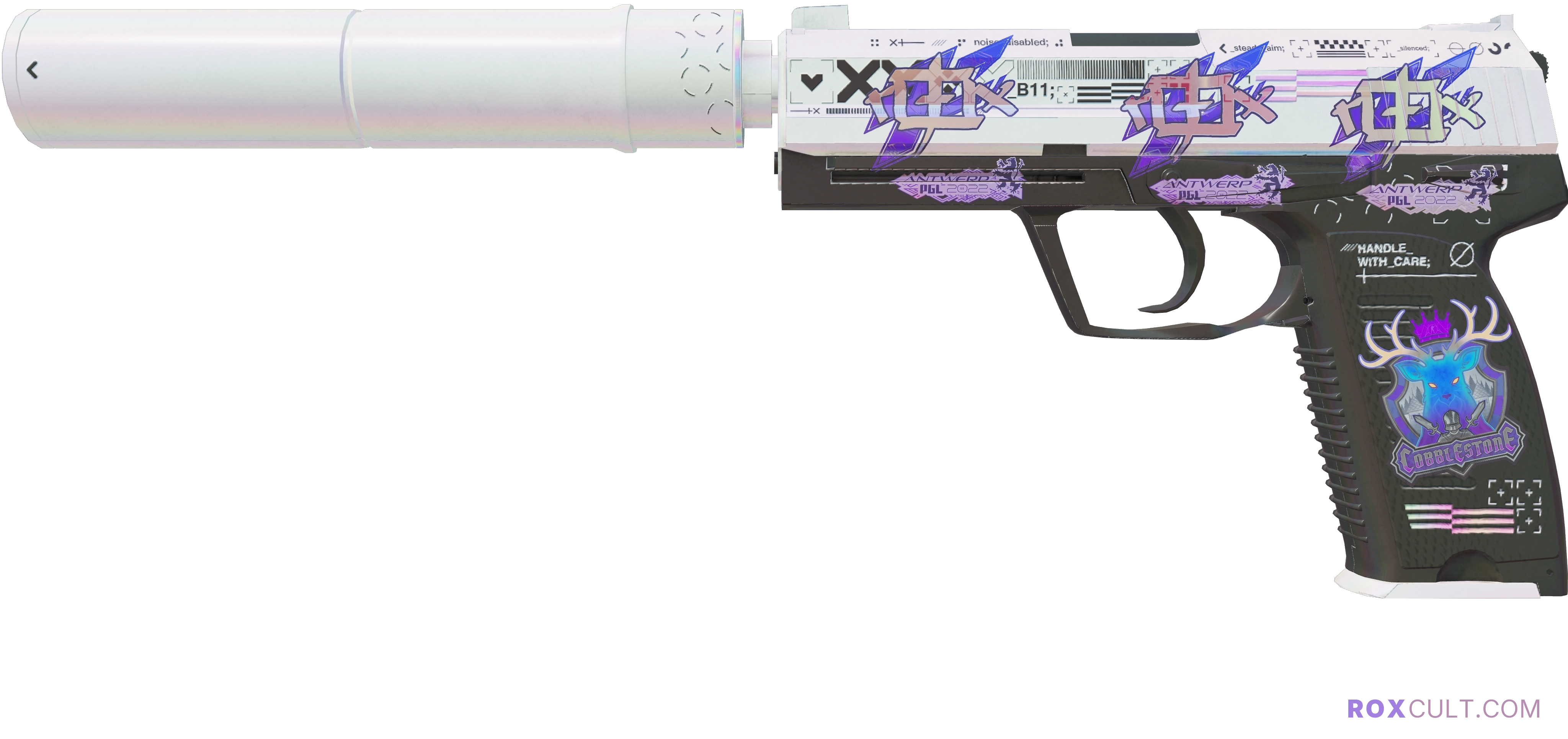 USP-S | Printstream (Minimal Wear) — rox (Holo) Antwerp 2022 craft, playside view with 3 rox (Holo) stickers