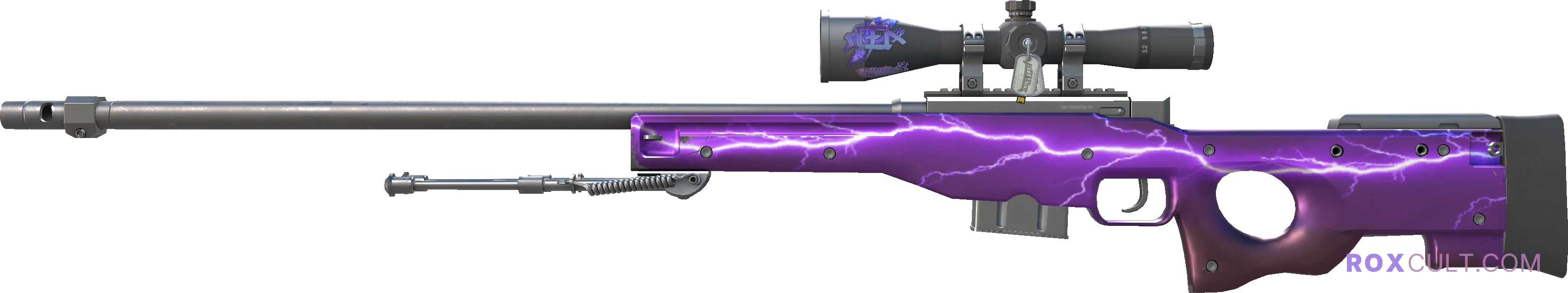 AWP | Lightning Strike (Factory New) — rox (Holo) Antwerp 2022 craft, playside view with 1 rox (Holo) sticker