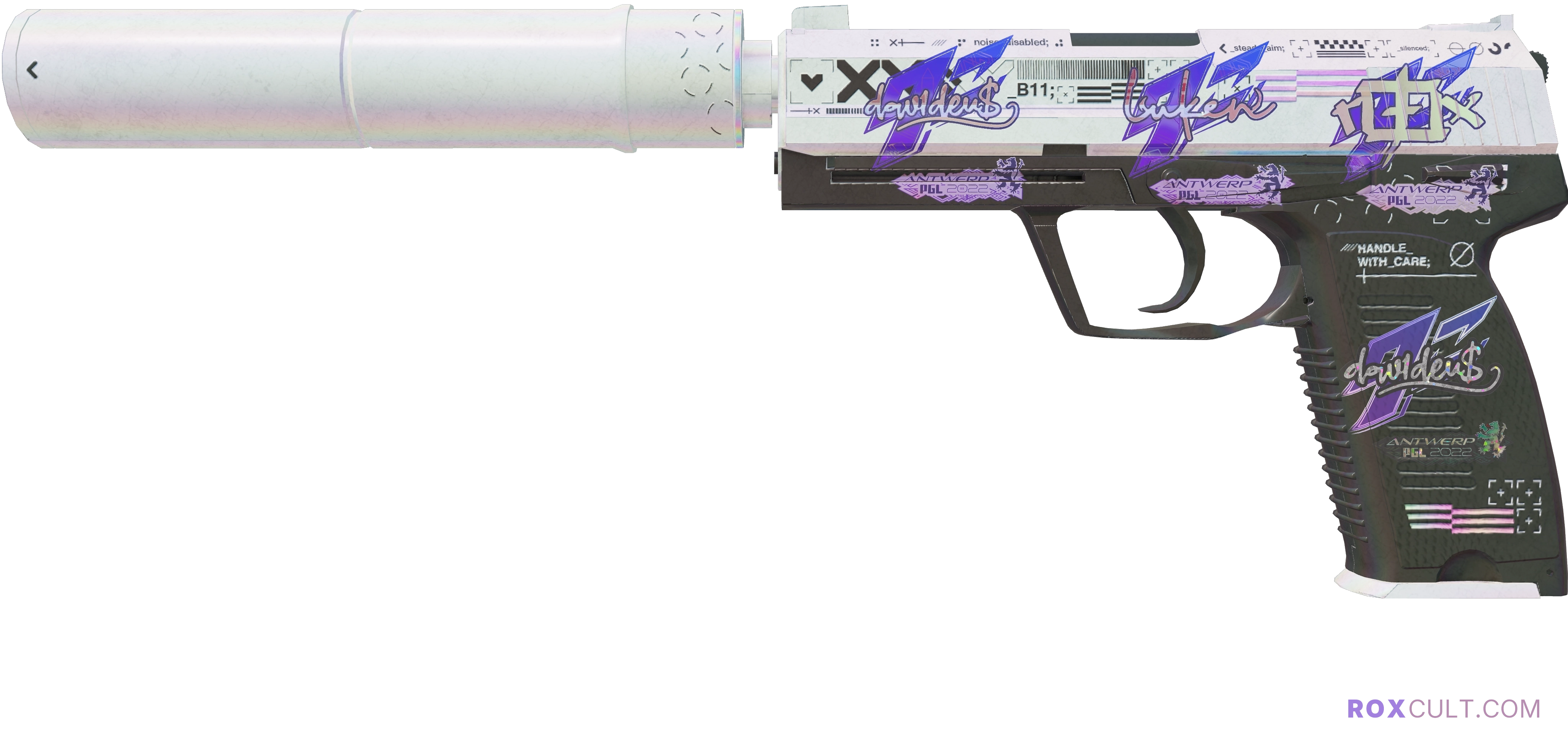 USP-S | Printstream (Field-Tested) — rox (Holo) Antwerp 2022 craft, playside view with 1 rox (Holo) sticker