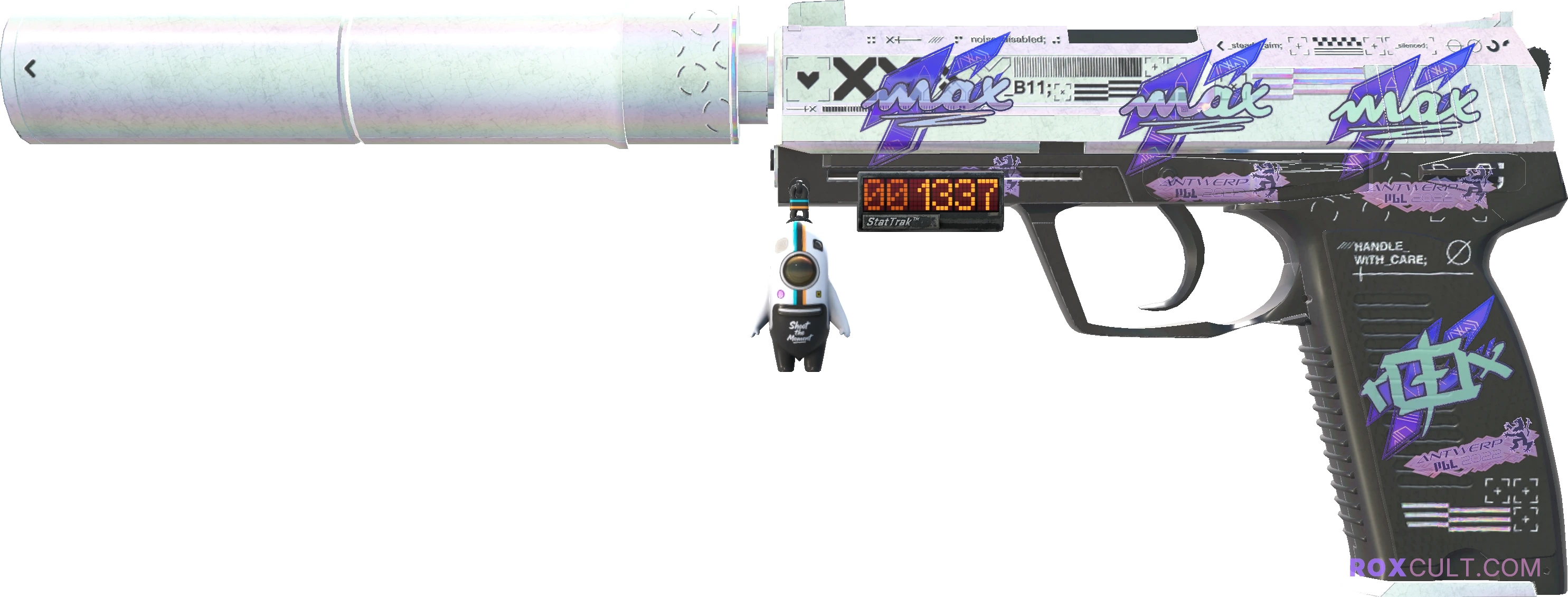 StatTrak™ USP-S | Printstream (Field-Tested) — rox (Holo) Antwerp 2022 craft, playside view with 1 rox (Holo) sticker