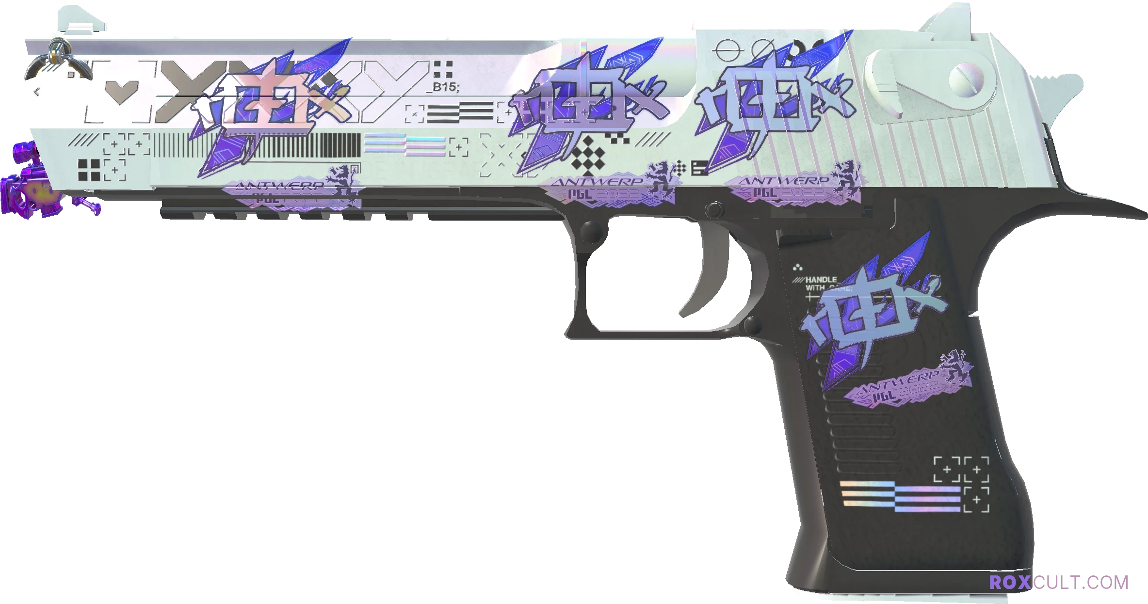 Desert Eagle | Printstream (Factory New) — rox (Holo) Antwerp 2022 craft, playside view with 4 rox (Holo) stickers