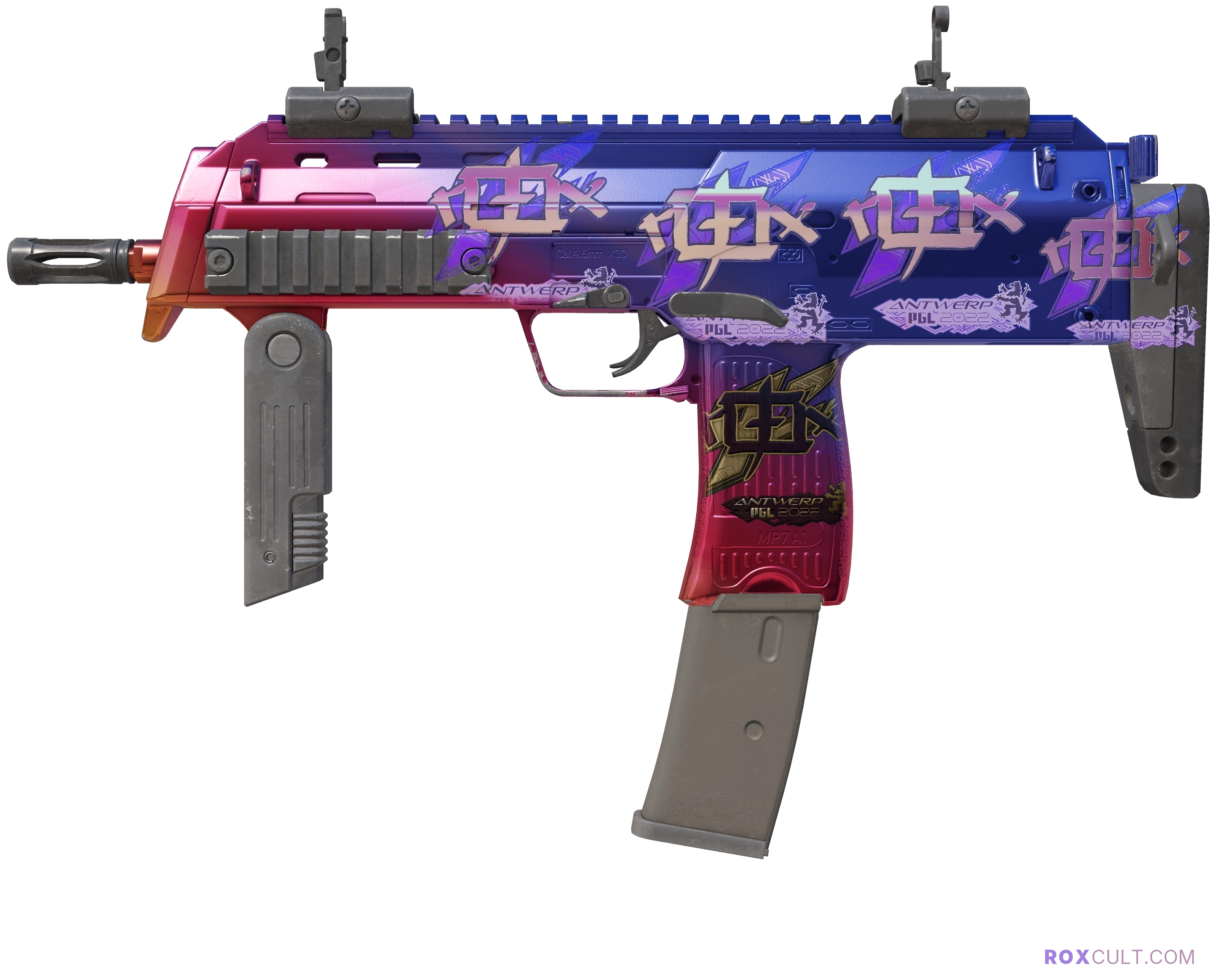 MP7 | Fade (Factory New) — rox (Holo) Antwerp 2022 craft, playside view with 4 rox (Holo) stickers