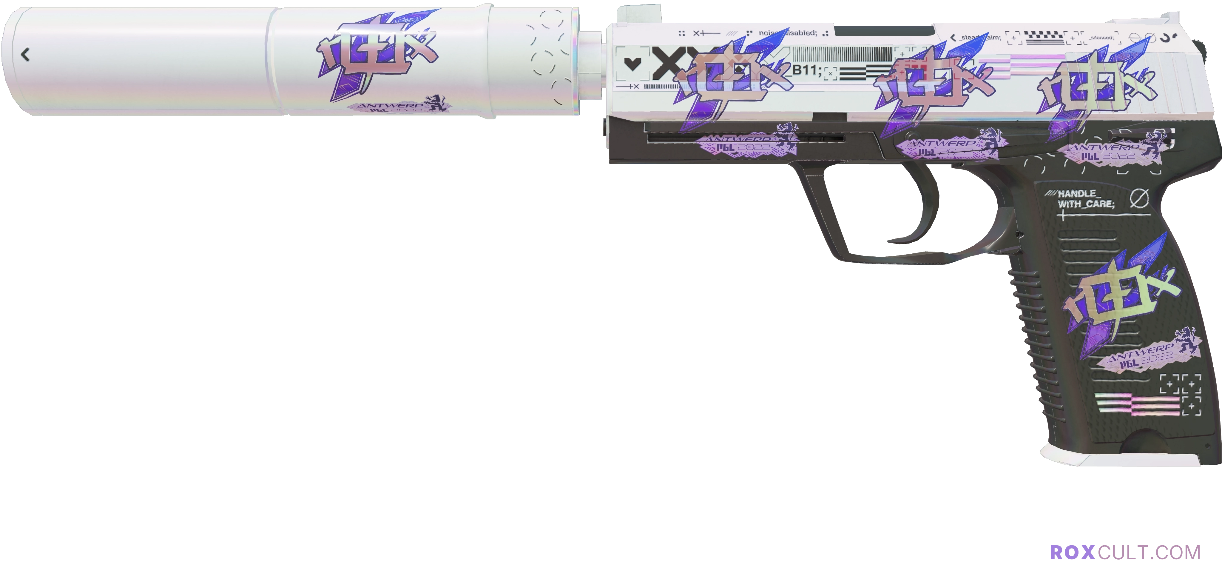 USP-S | Printstream (Factory New) — rox (Holo) Antwerp 2022 craft, playside view with 5 rox (Holo) stickers