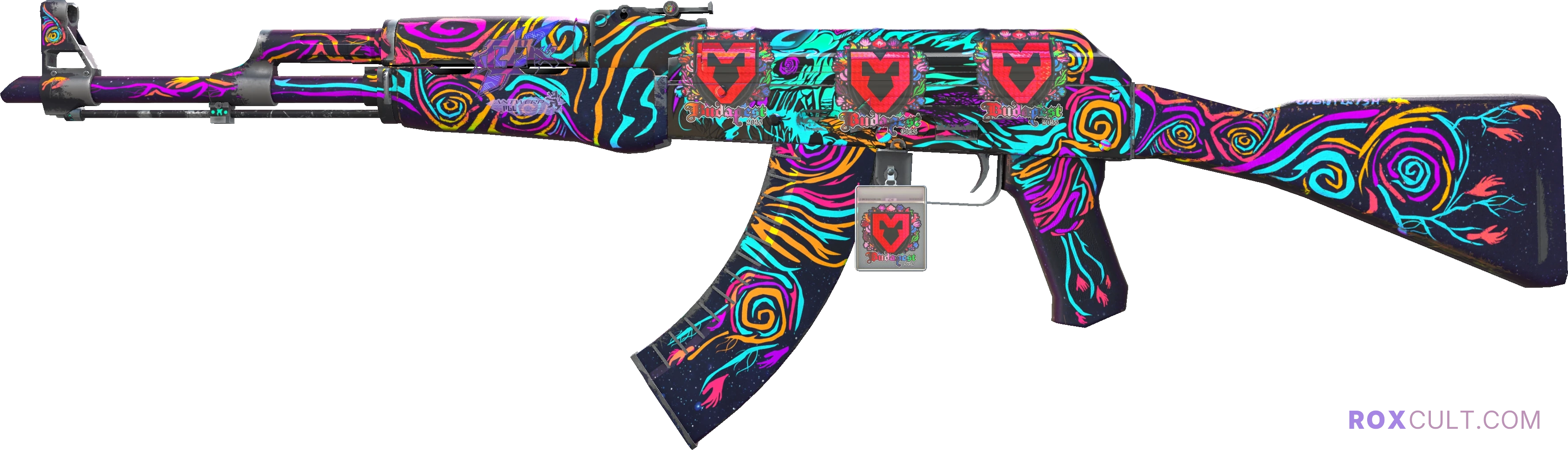 AK-47 | Nightwish (Field-Tested) — rox (Holo) Antwerp 2022 craft, playside view with 1 rox (Holo) sticker