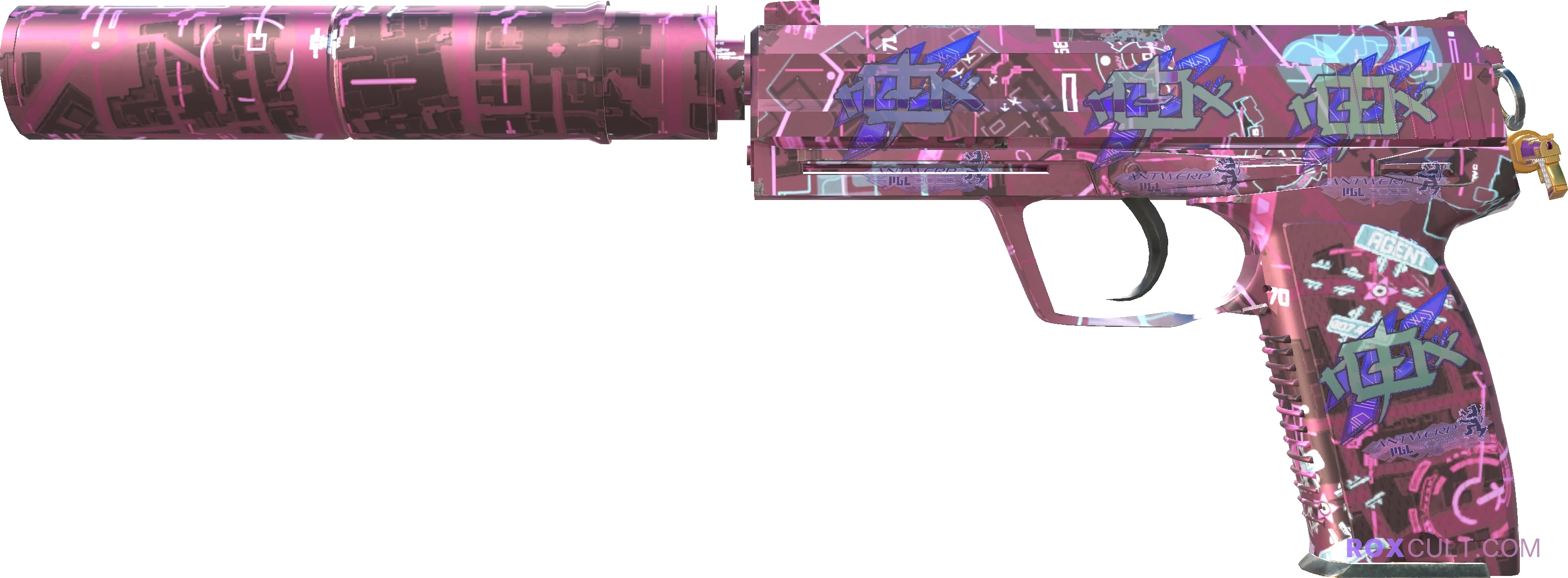 USP-S | Target Acquired (Factory New) — rox (Holo) Antwerp 2022 craft, playside view with 4 rox (Holo) stickers