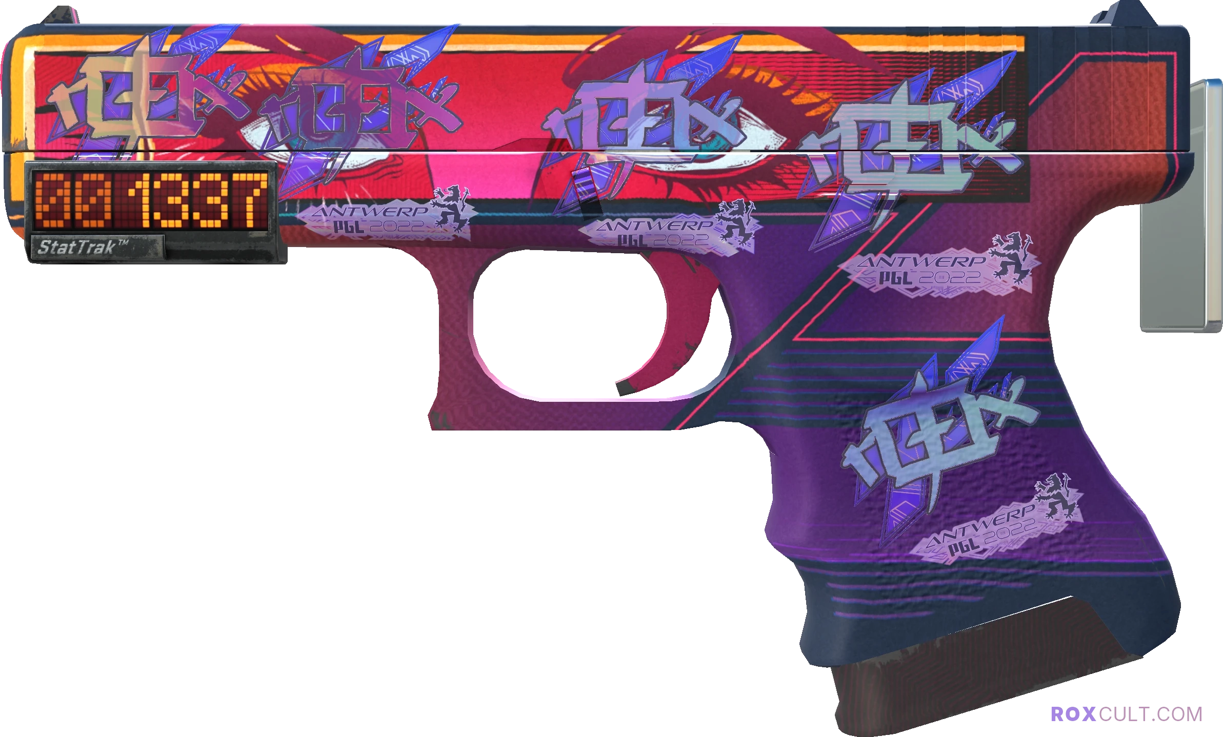 StatTrak™ Glock-18 | Vogue (Factory New) — rox (Holo) Antwerp 2022 craft, playside view with 5 rox (Holo) stickers