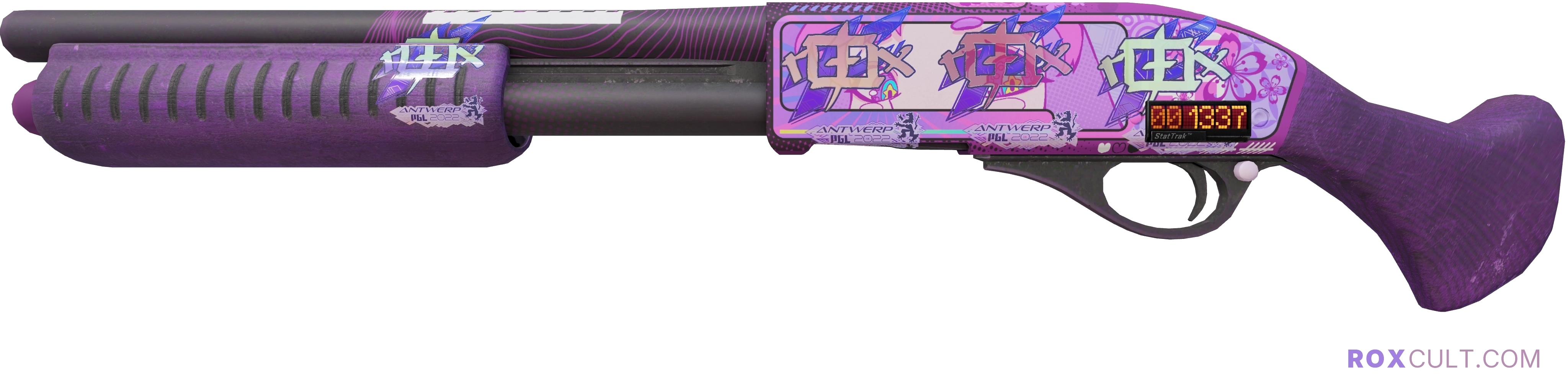StatTrak™ Sawed-Off | Kiss♥Love (Factory New) — rox (Holo) Antwerp 2022 craft, playside view with 4 rox (Holo) stickers