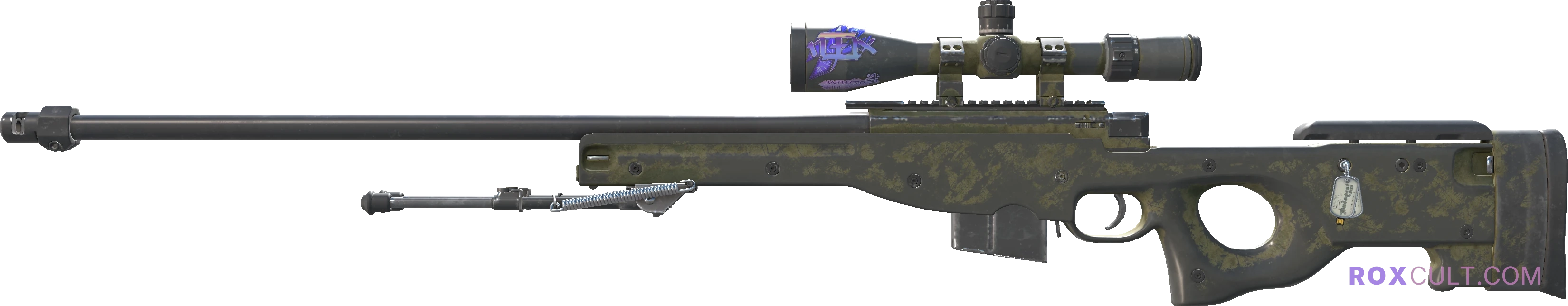 AWP | Safari Mesh (Battle-Scarred) — rox (Holo) Antwerp 2022 craft, playside view with 1 rox (Holo) sticker