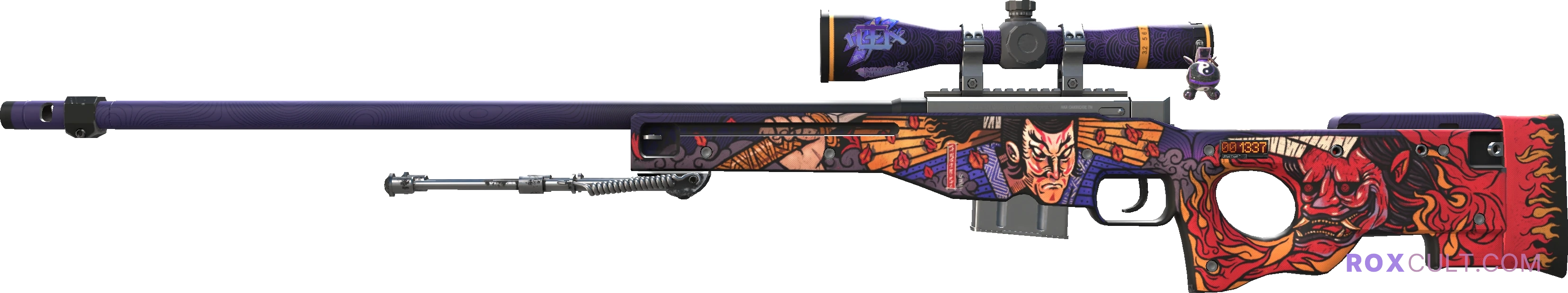 StatTrak™ AWP | Oni Taiji (Factory New) — rox (Holo) Antwerp 2022 craft, playside view with 1 rox (Holo) sticker