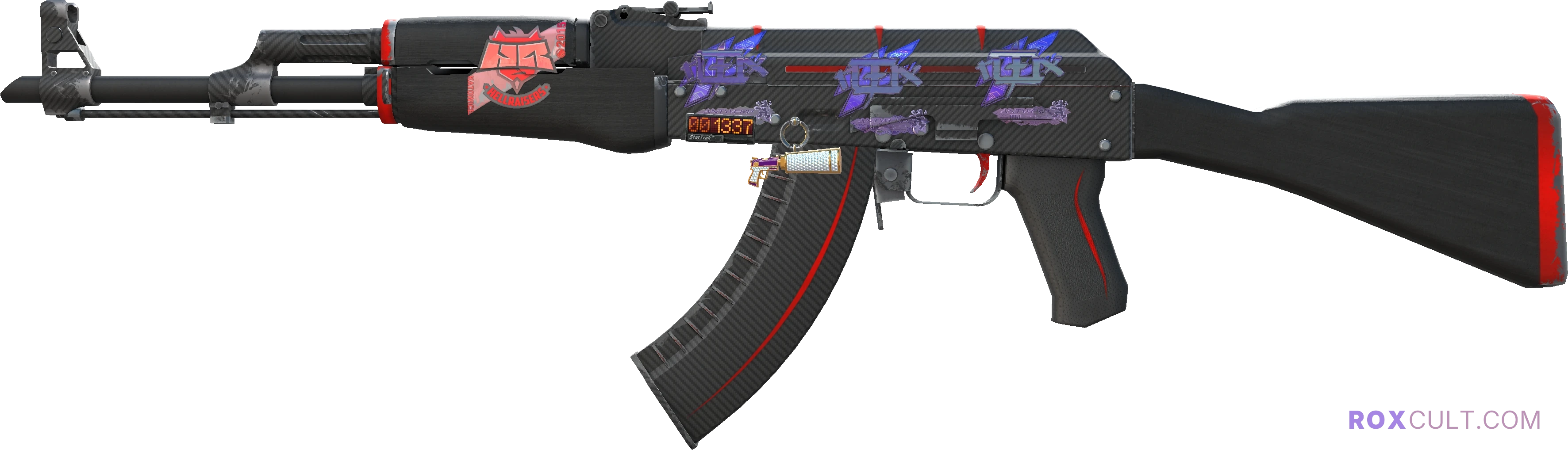 StatTrak™ AK-47 | Redline (Field-Tested) — rox (Holo) Antwerp 2022 craft, playside view with 3 rox (Holo) stickers