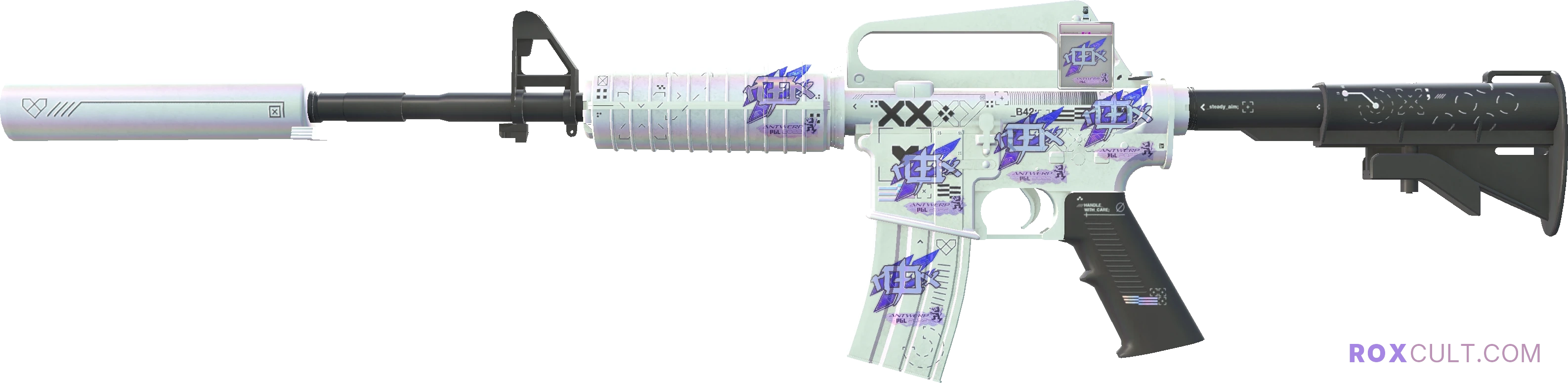 M4A1-S | Printstream (Factory New) — rox (Holo) Antwerp 2022 craft, playside view with 5 rox (Holo) stickers