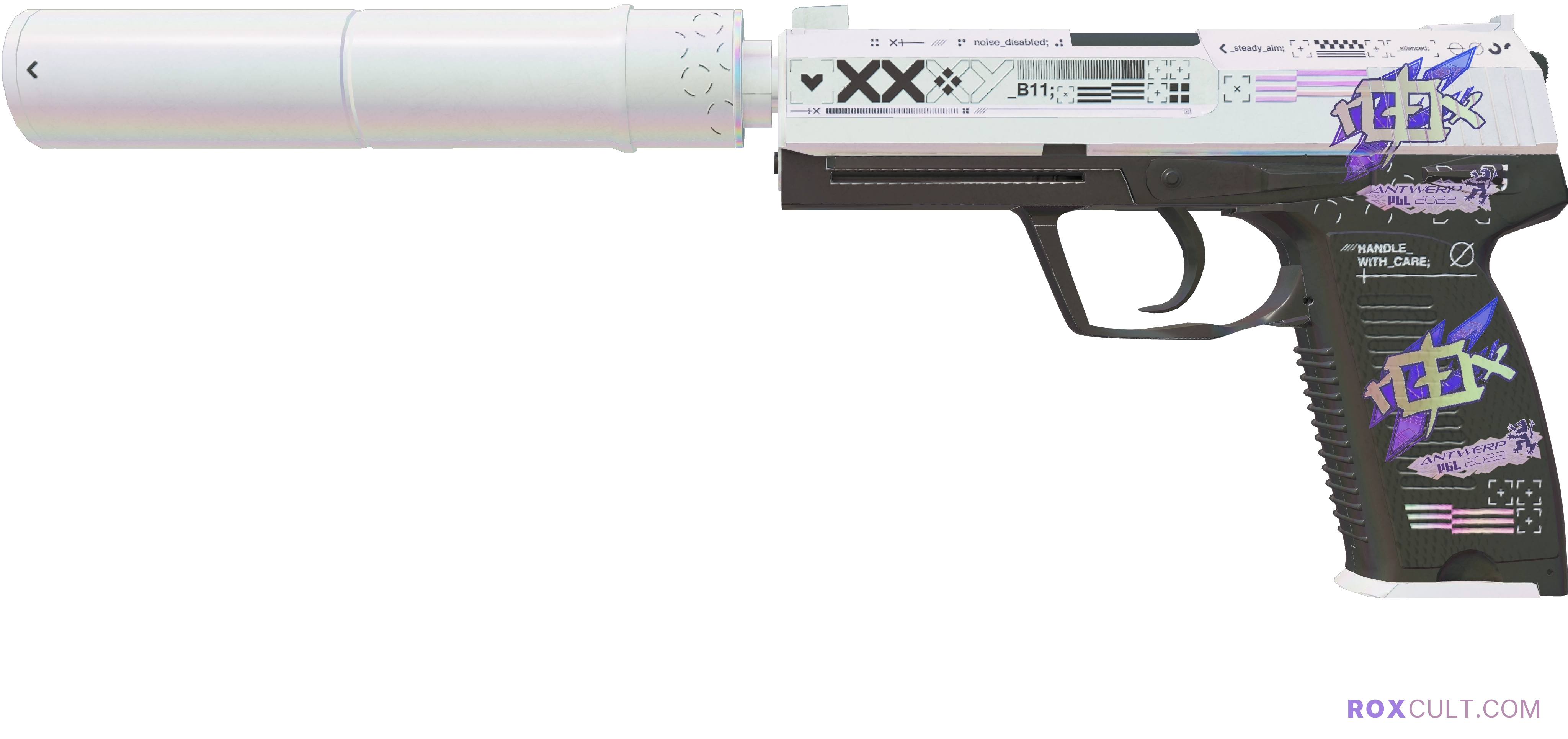 USP-S | Printstream (Minimal Wear) — rox (Holo) Antwerp 2022 craft, playside view with 2 rox (Holo) stickers
