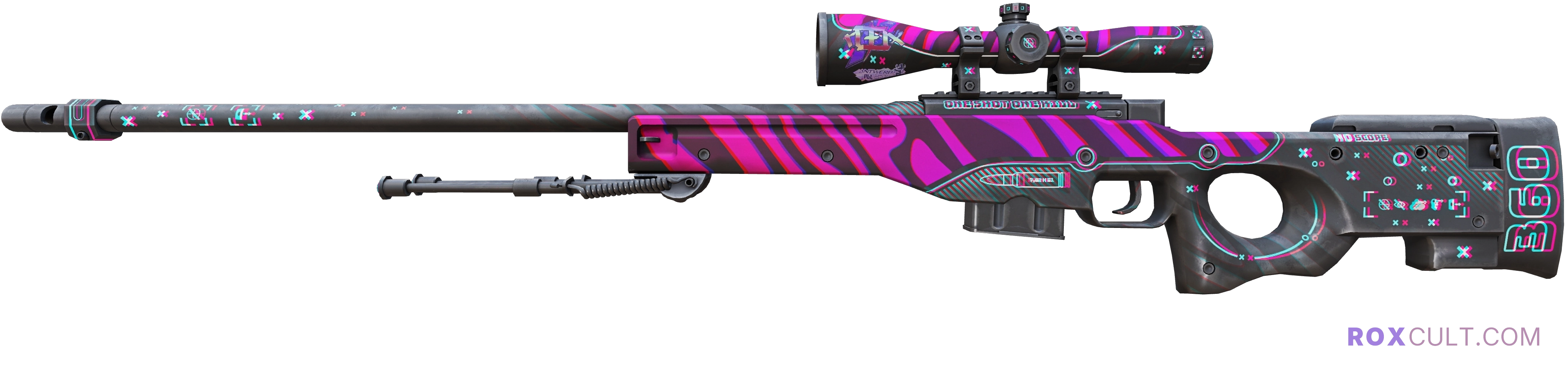 AWP | Chromatic Aberration (Factory New) — rox (Holo) Antwerp 2022 craft, playside view with 1 rox (Holo) sticker