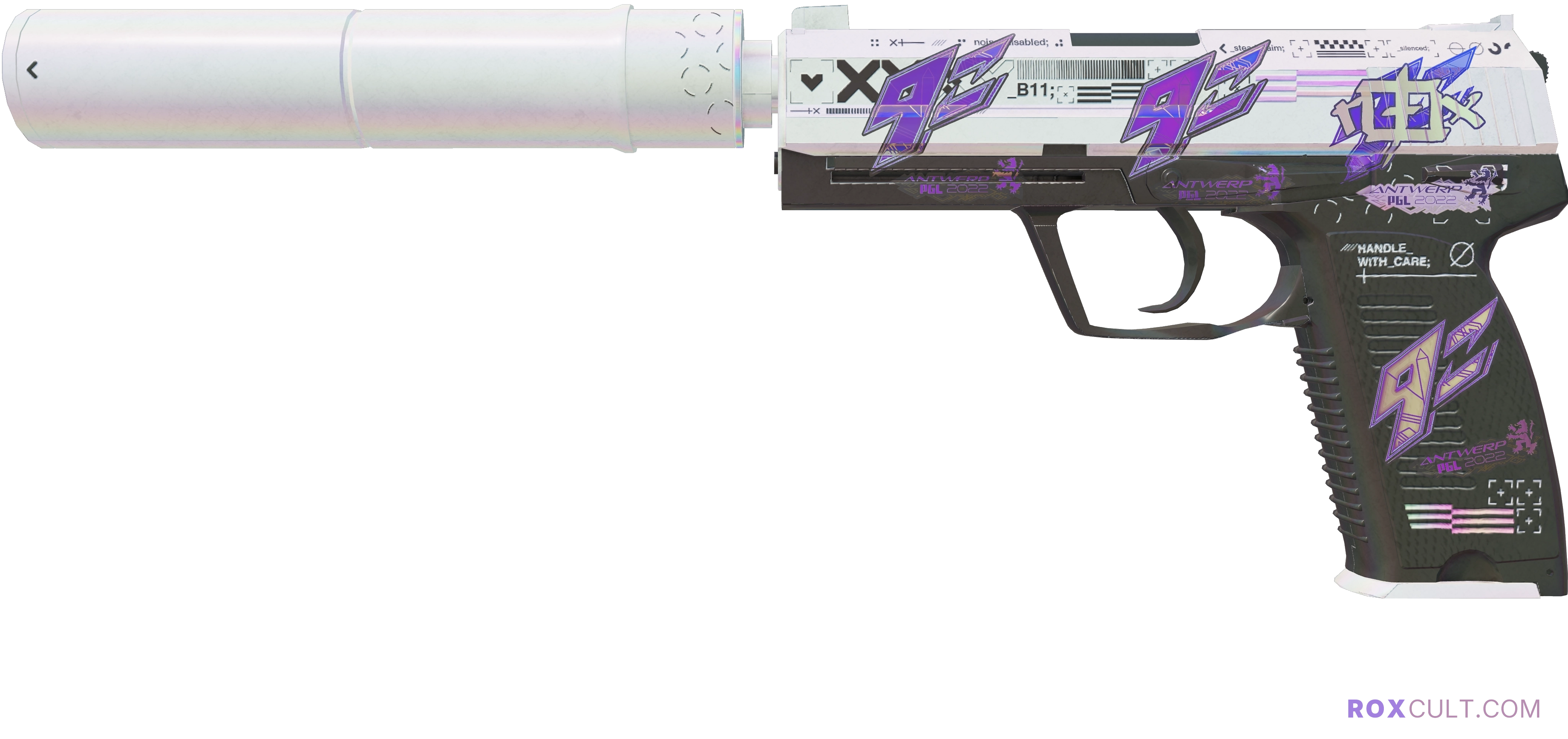 USP-S | Printstream (Field-Tested) — rox (Holo) Antwerp 2022 craft, playside view with 1 rox (Holo) sticker