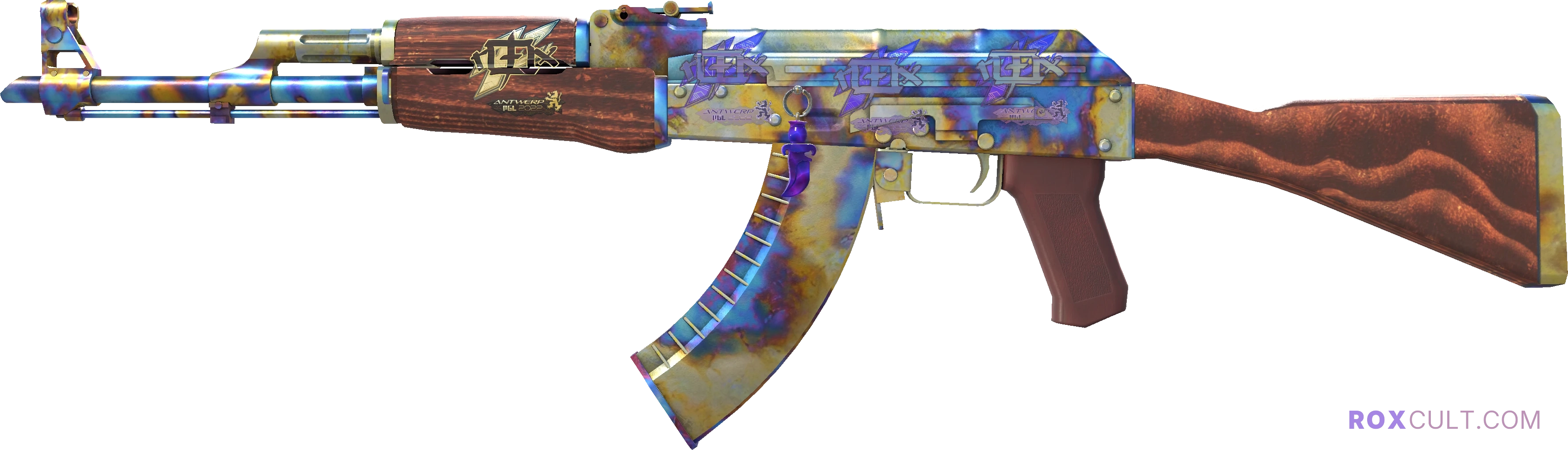 AK-47 | Case Hardened (Minimal Wear) — rox (Holo) Antwerp 2022 craft, playside view with 3 rox (Holo) stickers