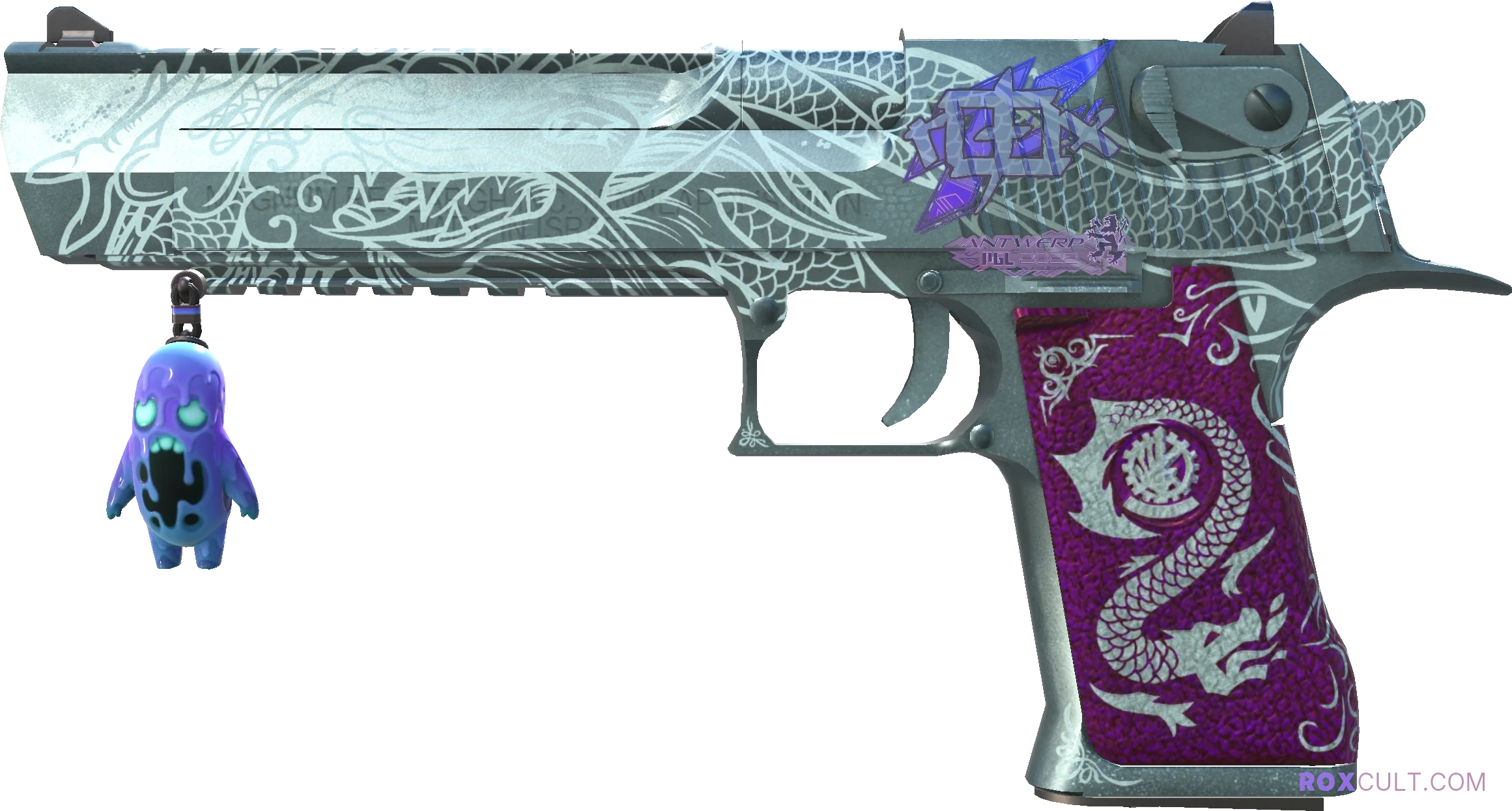 Desert Eagle | Kumicho Dragon (Minimal Wear) — rox (Holo) Antwerp 2022 craft, playside view with 1 rox (Holo) sticker