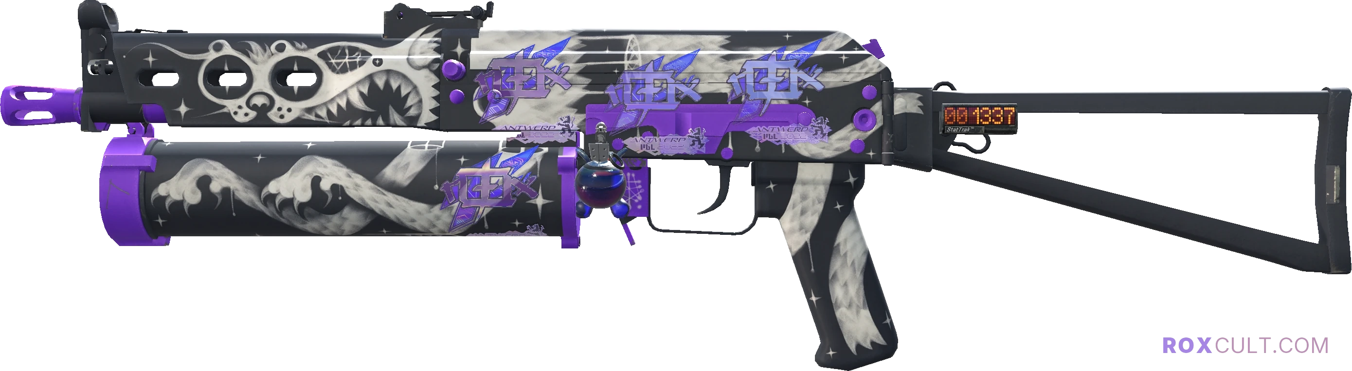 StatTrak™ PP-Bizon | Space Cat (Factory New) — rox (Holo) Antwerp 2022 craft, playside view with 4 rox (Holo) stickers