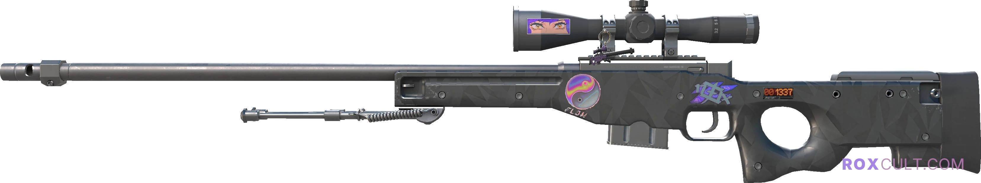 StatTrak™ AWP | Graphite (Factory New) — rox (Holo) Antwerp 2022 craft, playside view with 1 rox (Holo) sticker