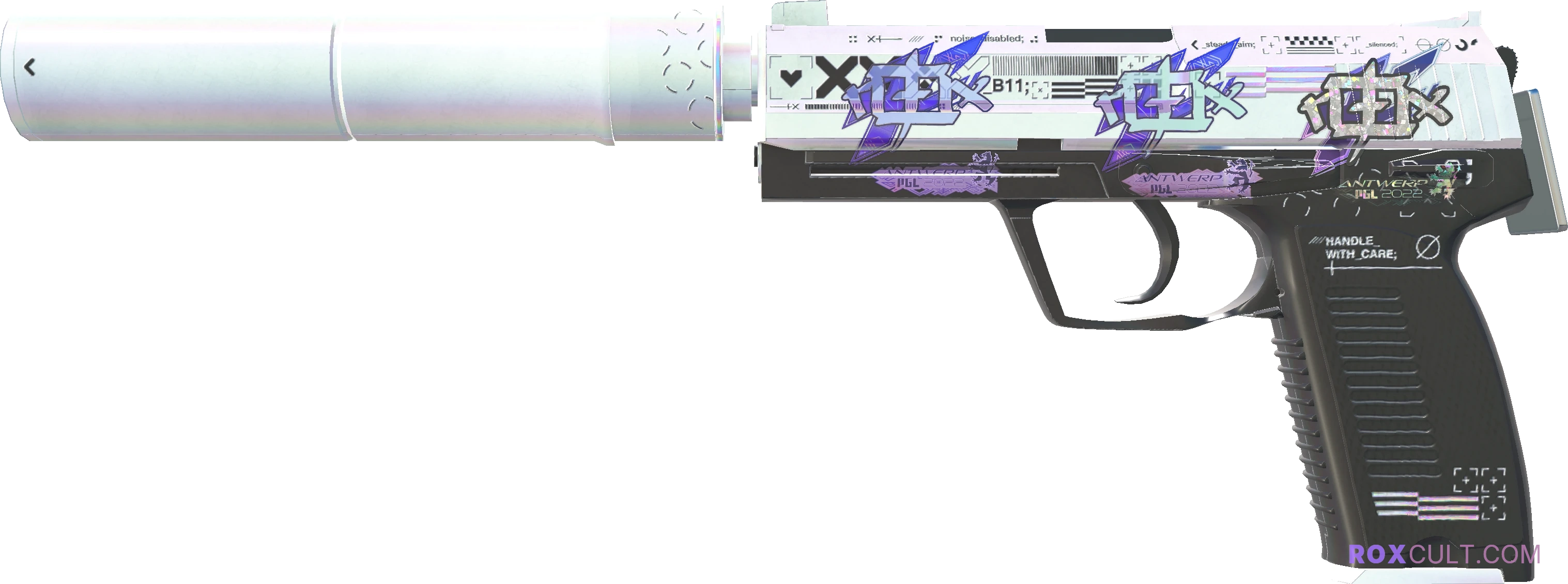 USP-S | Printstream (Minimal Wear) — rox (Holo) Antwerp 2022 craft, playside view with 2 rox (Holo) stickers