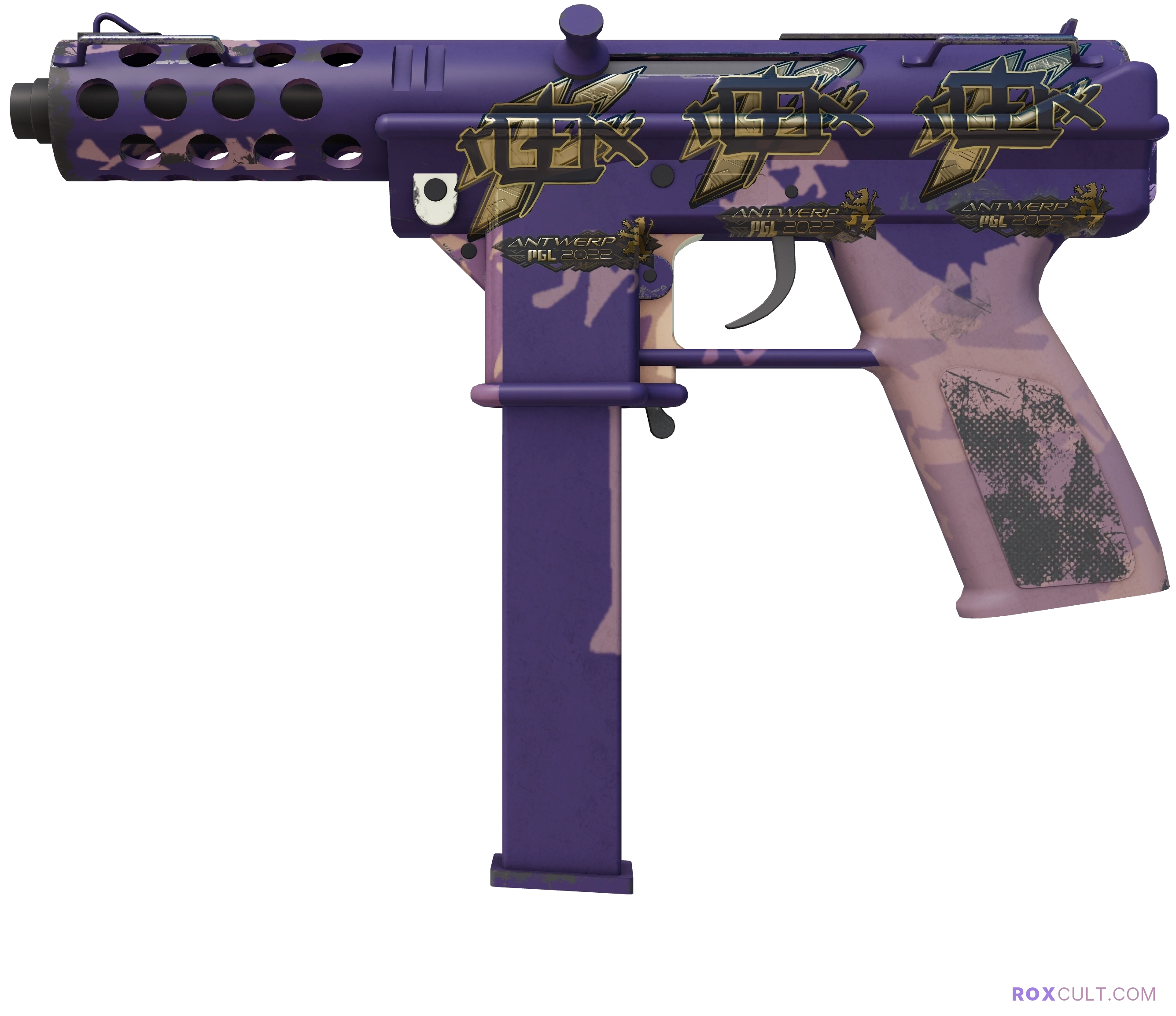 Tec-9 | Sandstorm (Minimal Wear) — rox (Holo) Antwerp 2022 craft, playside view with 1 rox (Holo) sticker