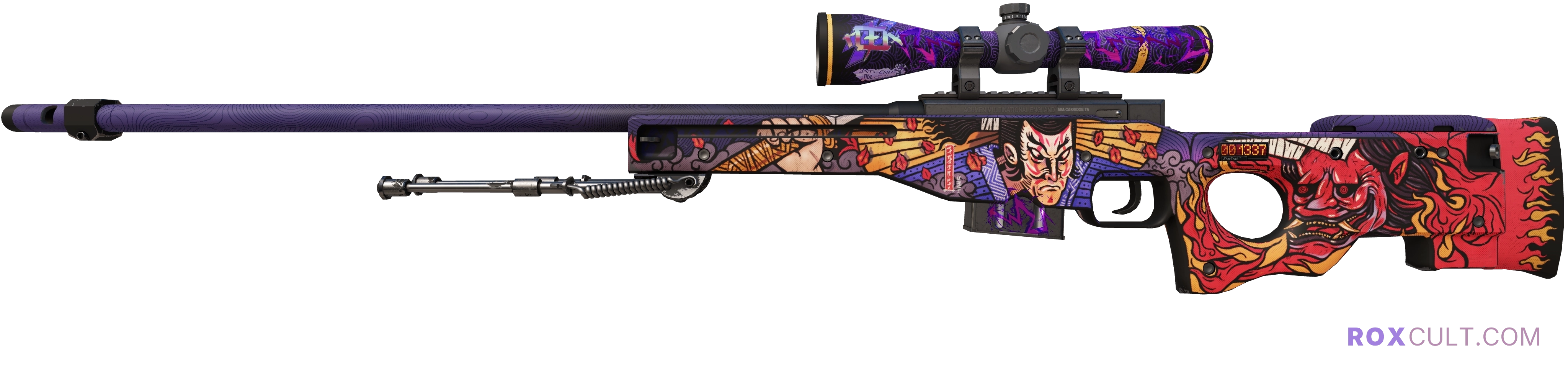 StatTrak™ AWP | Oni Taiji (Factory New) — rox (Holo) Antwerp 2022 craft, playside view with 1 rox (Holo) sticker