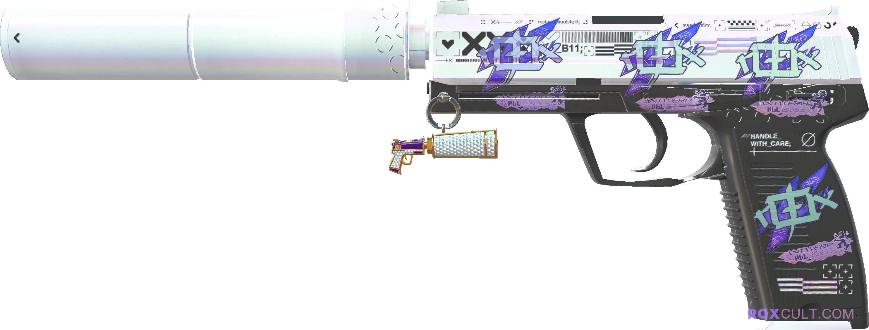 USP-S | Printstream (Factory New) — rox (Holo) Antwerp 2022 craft, playside view with 4 rox (Holo) stickers