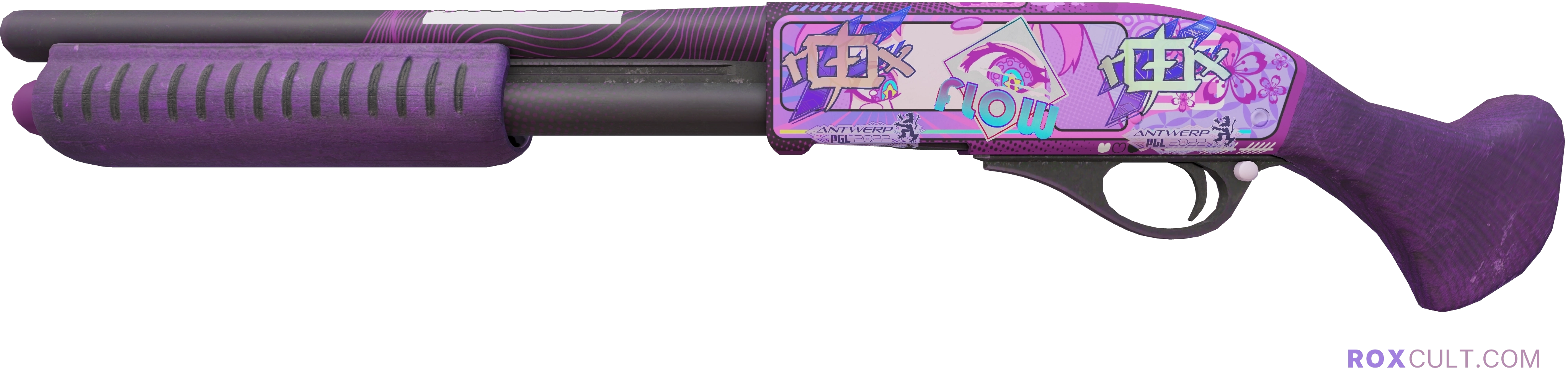 Sawed-Off | Kiss♥Love (Factory New) — rox (Holo) Antwerp 2022 craft, playside view with 2 rox (Holo) stickers