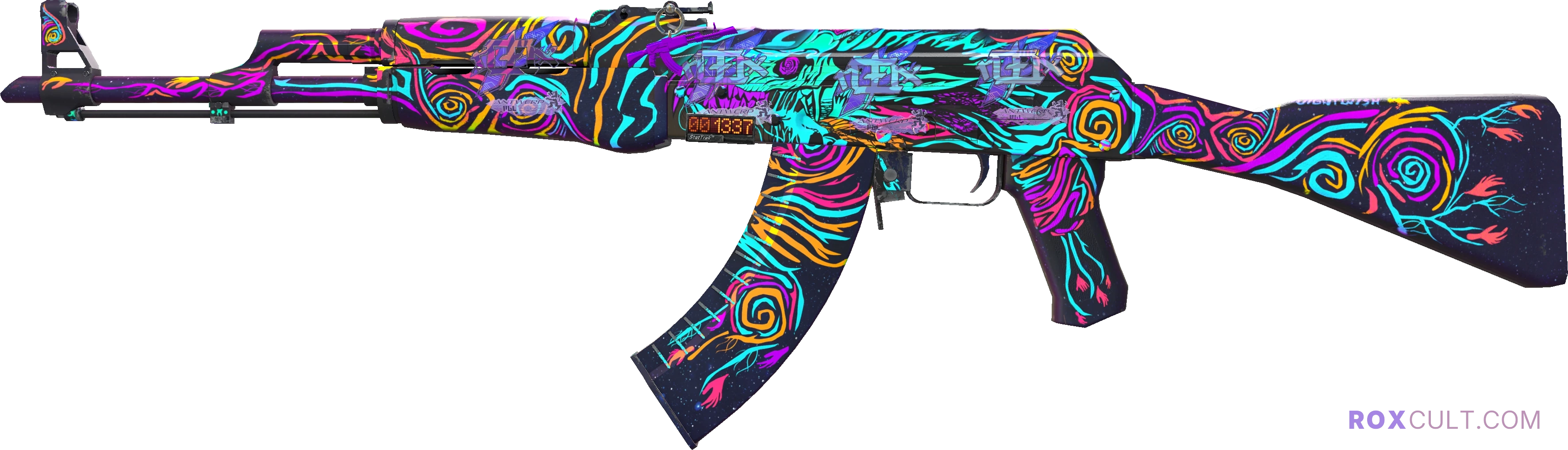 StatTrak™ AK-47 | Nightwish (Factory New) — rox (Holo) Antwerp 2022 craft, playside view with 4 rox (Holo) stickers
