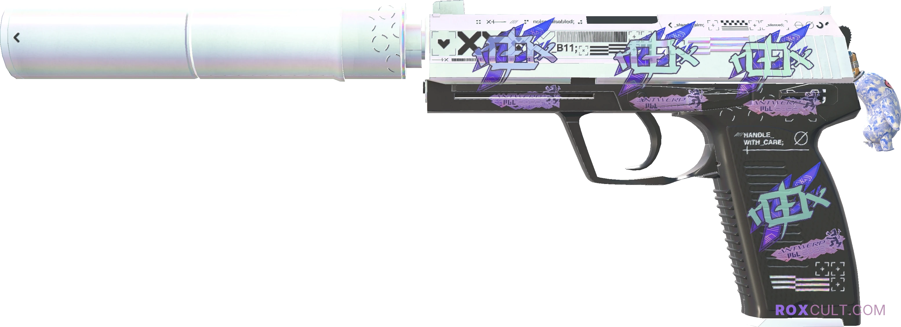 USP-S | Printstream (Factory New) — rox (Holo) Antwerp 2022 craft, playside view with 4 rox (Holo) stickers