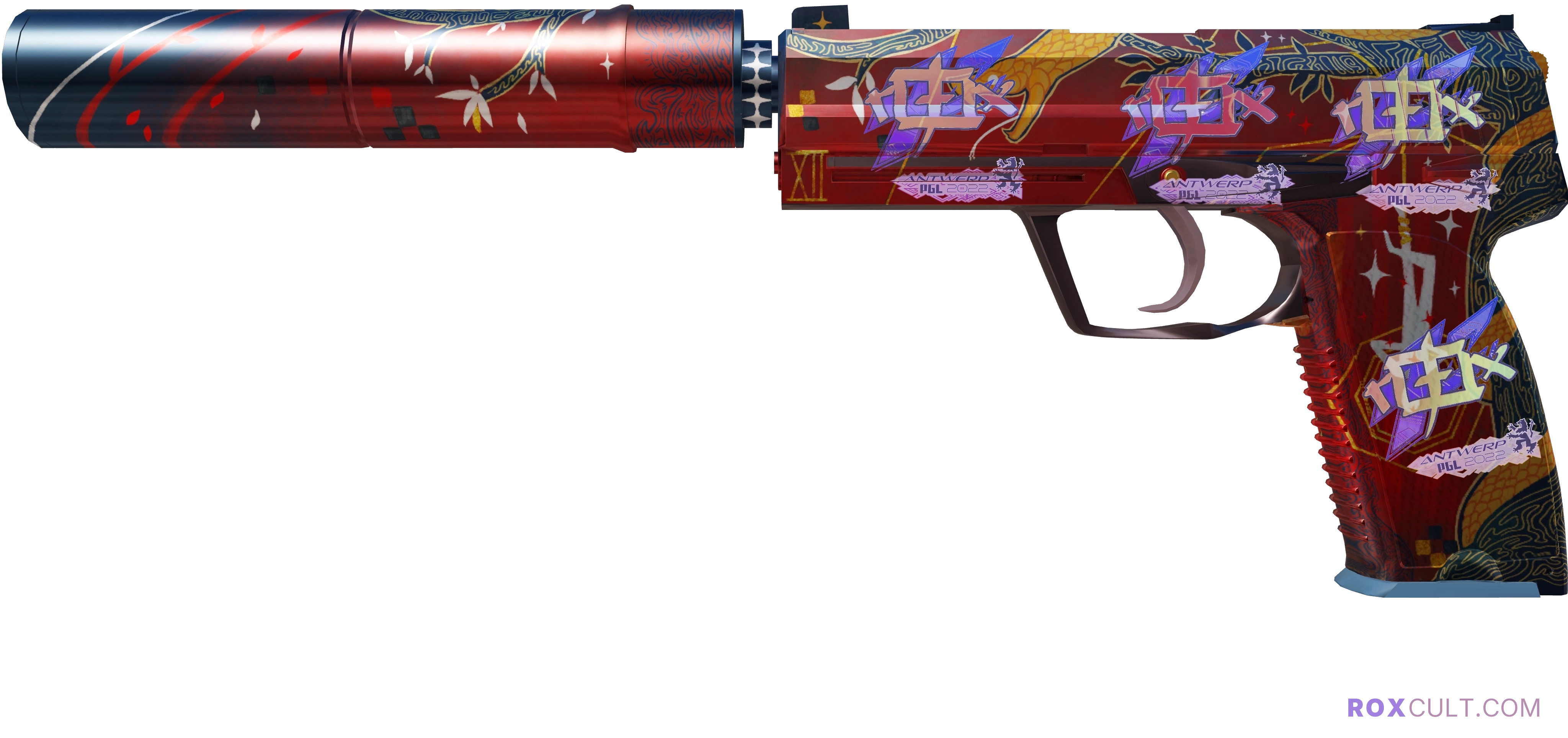 USP-S | The Traitor (Factory New) — rox (Holo) Antwerp 2022 craft, playside view with 4 rox (Holo) stickers